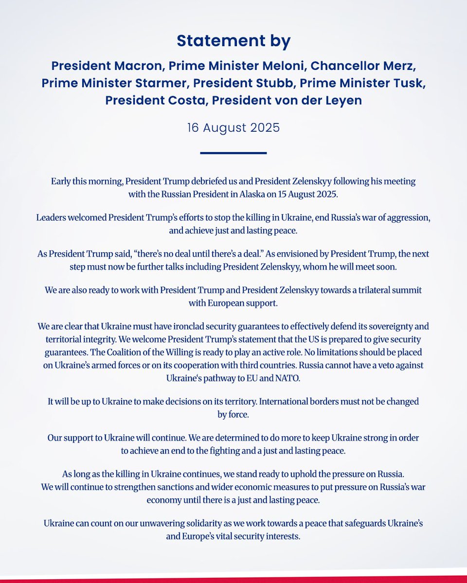 Joint statement by European leaders on peace in Ukraine following the meeting between President Trump and President Putin ⤵️