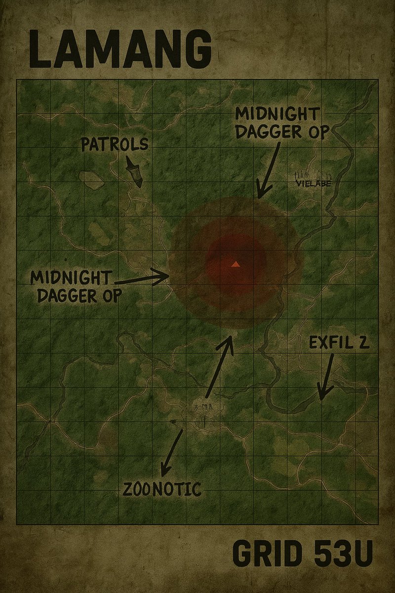 GhostsofLamang's tweet image. If Regiment’s conducting Midnight Dagger east of the ridge, it’s not where we’re going.
Saw the map. Saw the pins. Way too close to the hot zone for my taste.
We’ll stick to shadows but good luck boys!

LAMANG / 0900L / GRID 53U
#GrayZoneWarfare #PMC #Recon #hotzone #Regiment