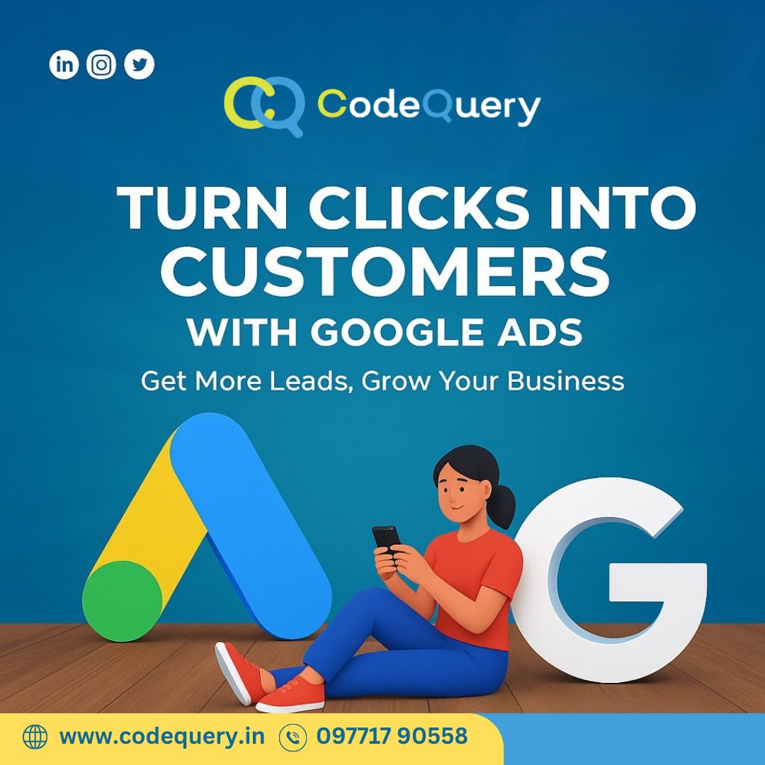Codequery_'s tweet image. Boost your business with Google Ads!
Turn every click into a customer, generate more leads, and watch your growth multiply with CodeQuery. 

📞 Call us today: 097717 90558
🌐 Visit: codequery.in

#CodeQuery #GoogleAds #DigitalMarketing #OnlineGrowth #BusinessSuccess