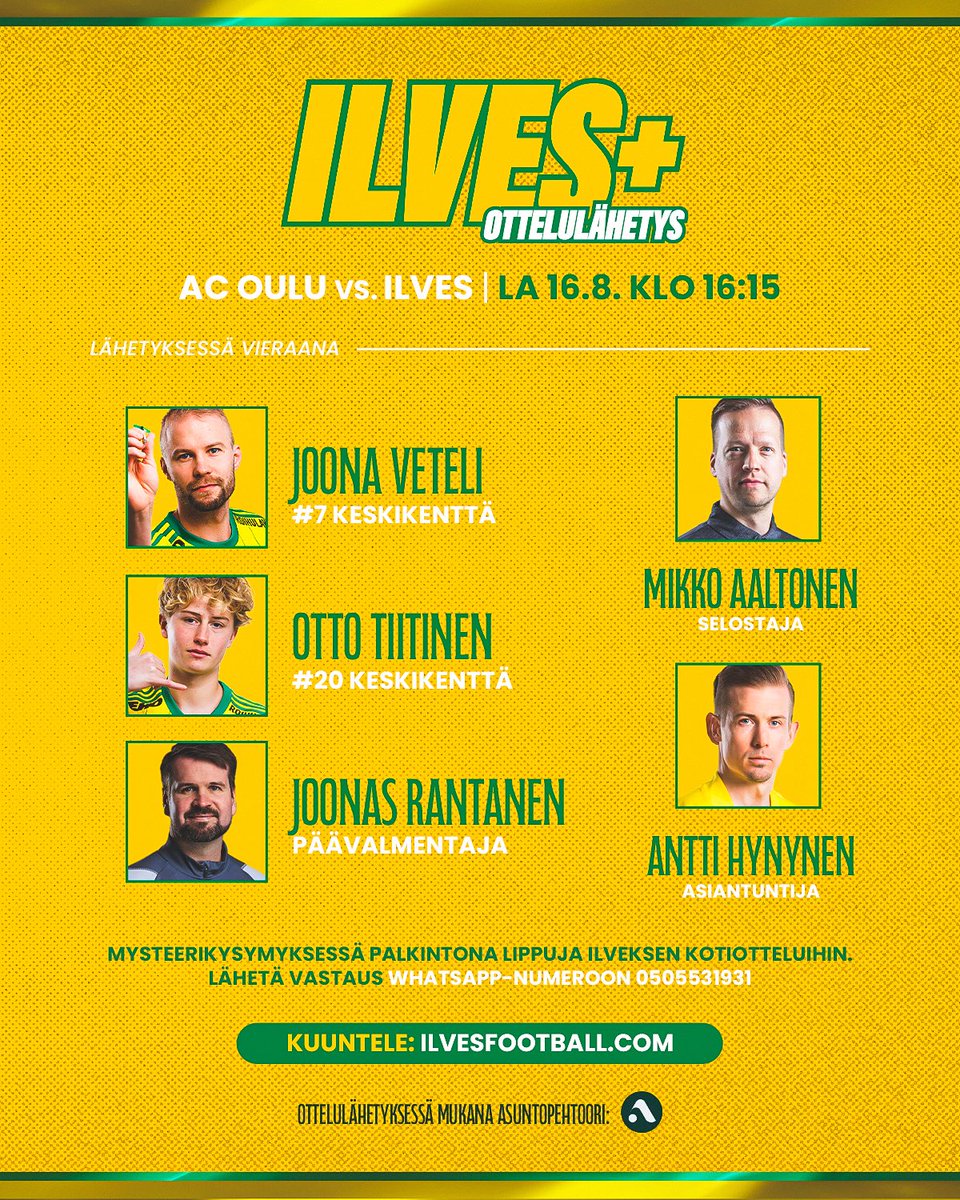 ILVES+ ottelulähetyksessä tänään mm. Joona Vetelin ja Otto Tiitisen mietteitä — lähetys käyntiin klo 16:15! 🔥

🎙️Kuuntele: ilvesfootball.com
⁉️Mysteeri-kysymyksessä palkintona kaksi lippuvoucheria Ilveksen kotiotteluun! Lähetä vastaus: wa.me/358505531931

#Ilves