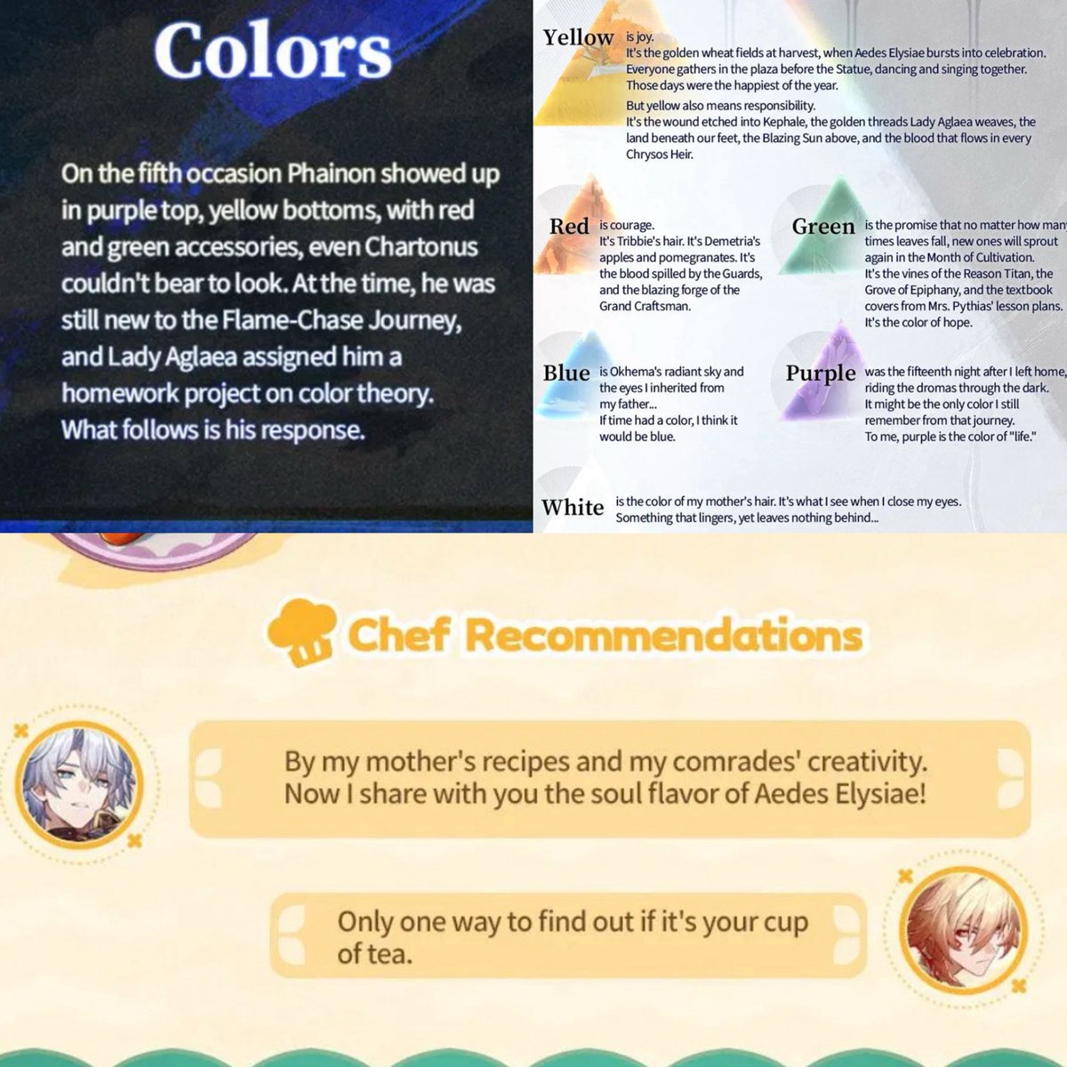 jingrenIvr's tweet image. people: lol phainon used to wear a purple top and yellow pants? he can’t dress 

phainon: i wear these colors bc they remember me of home 🥺

people: lol phainon only cooks salad? go white go 

phainon: these are my mom’s recipes 🥺

CAN HE STOP MAKING US FEEL BAD