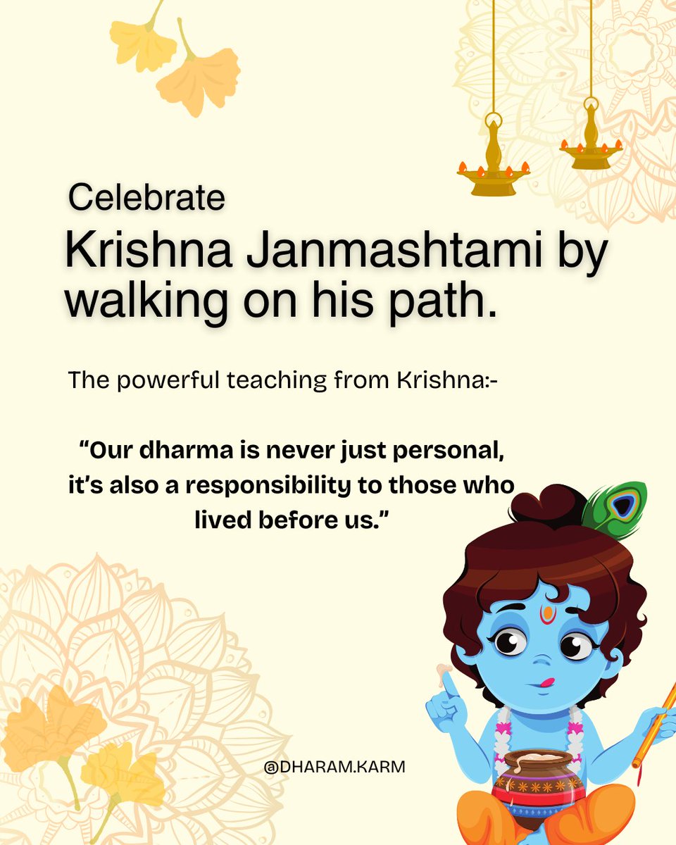 dharam_karm's tweet photo. In the Bhagavad Gita, Krishna reminds us that dharma is not just duty, it’s love in action.

One of the most profound ways we can live that teaching is by honouring those who came before us, our pitrus.

💛 This Janmashtami, join us @dharam_karm in offering Pitru Bhoj 🙏 https://t.co/zt4ax1MYR3
