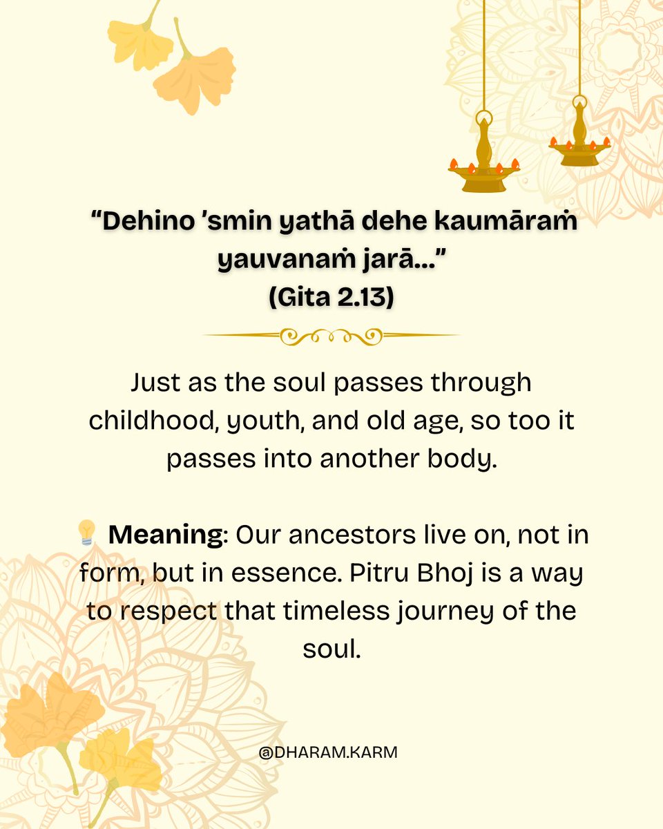 dharam_karm's tweet photo. In the Bhagavad Gita, Krishna reminds us that dharma is not just duty, it’s love in action.

One of the most profound ways we can live that teaching is by honouring those who came before us, our pitrus.

💛 This Janmashtami, join us @dharam_karm in offering Pitru Bhoj 🙏 https://t.co/zt4ax1MYR3