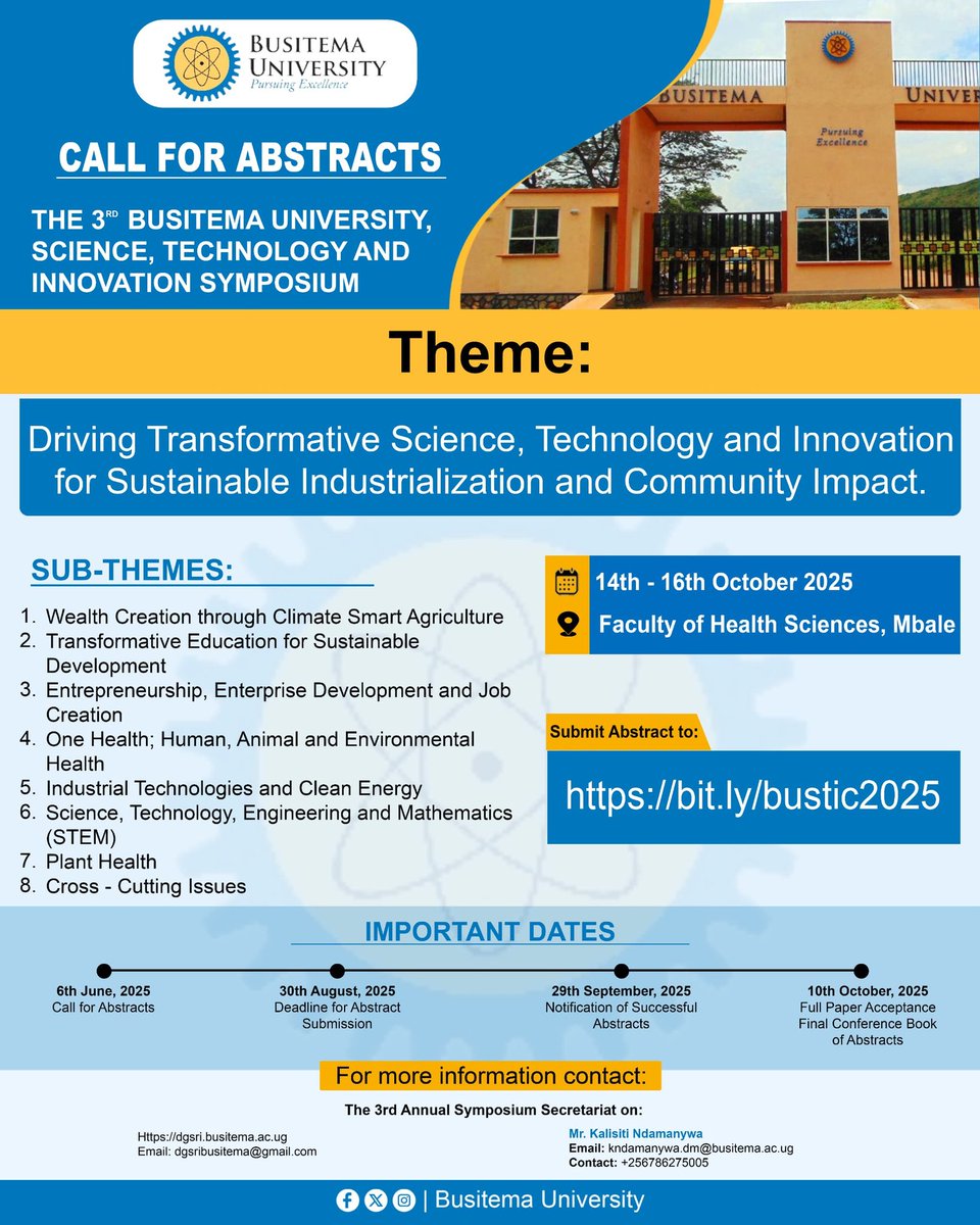 Enid kawala (@enidkawala1) on Twitter photo Deadline: 30th August 2025
A thought unshared is a story untold. Submit your abstract and let your ideas find their place in the world.
<a href="/BusitemaUni/">Busitema University</a> <a href="/ProfPaulWaako/">Paul Waako, PhD</a> <a href="/Saphinabiira/">Saphina Biira (PhD)</a> <a href="/sobakiro/">Samuel Baker Obakiro</a> <a href="/cmuweesi/">Charles Muweesi, PhD</a> <a href="/b_bufhs/">Busitema Uni. Faculty of Health Sciences</a> <a href="/ResearchBusite1/">Busitema University Research & Innov. Association</a> <a href="/BUAIIR/">Busitema AI and Interdisciplinary Research Group</a> Deadline: 30th August 2025
A thought unshared is a story untold. Submit your abstract and let your ideas find their place in the world.
<a href="/BusitemaUni/">Busitema University</a> <a href="/ProfPaulWaako/">Paul Waako, PhD</a> <a href="/Saphinabiira/">Saphina Biira (PhD)</a> <a href="/sobakiro/">Samuel Baker Obakiro</a> <a href="/cmuweesi/">Charles Muweesi, PhD</a> <a href="/b_bufhs/">Busitema Uni. Faculty of Health Sciences</a> <a href="/ResearchBusite1/">Busitema University Research & Innov. Association</a> <a href="/BUAIIR/">Busitema AI and Interdisciplinary Research Group</a>