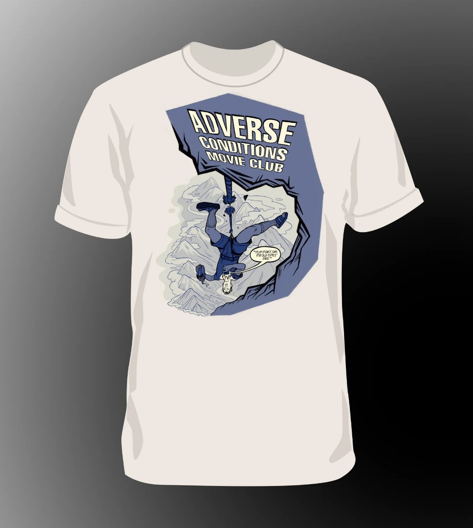 KillJamesBond's tweet photo. The Adverse Conditions Movie Club shirt is finally here!

Featuring art from the incredible @mikadll, our celebration of the noble art of watching 240p rips of the greatest art of the 20th century is available for pre-order NOW! https://t.co/sgoLmj9LIs