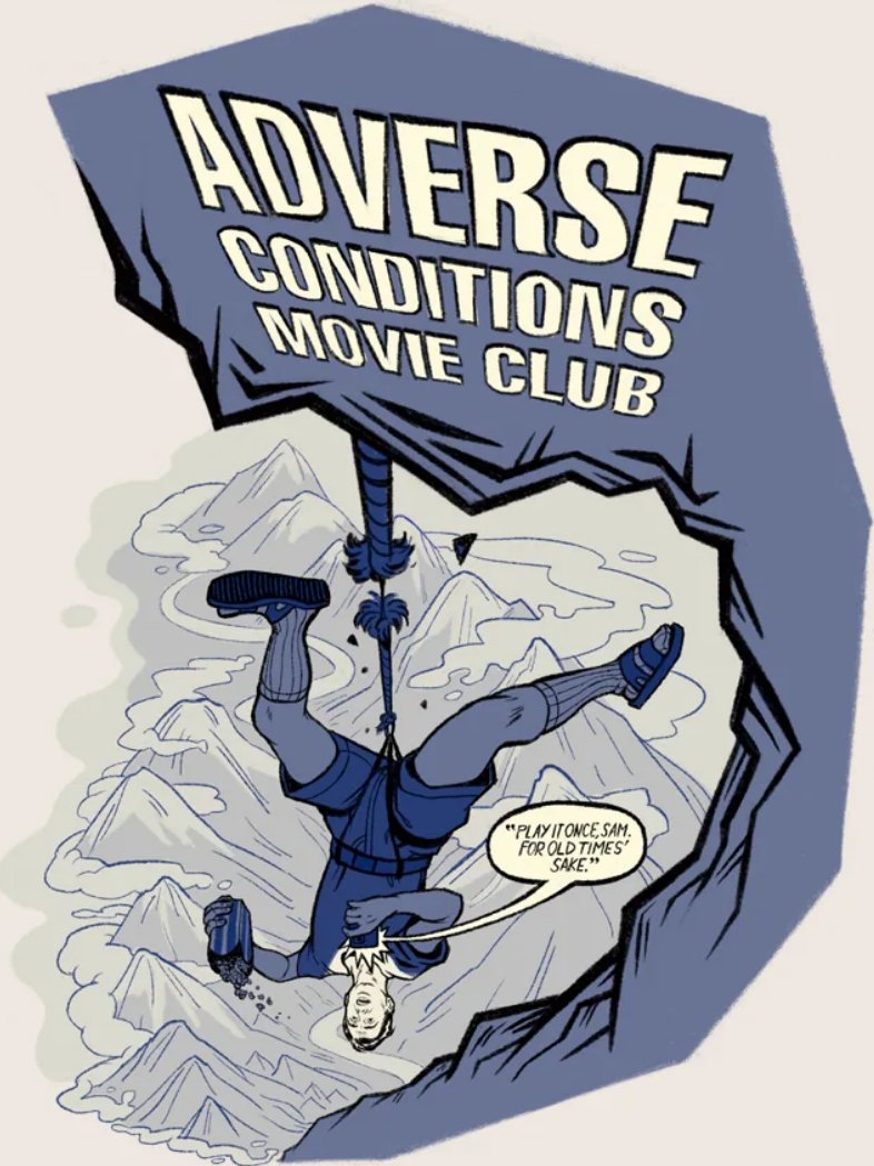 KillJamesBond's tweet photo. The Adverse Conditions Movie Club shirt is finally here!

Featuring art from the incredible @mikadll, our celebration of the noble art of watching 240p rips of the greatest art of the 20th century is available for pre-order NOW! https://t.co/sgoLmj9LIs