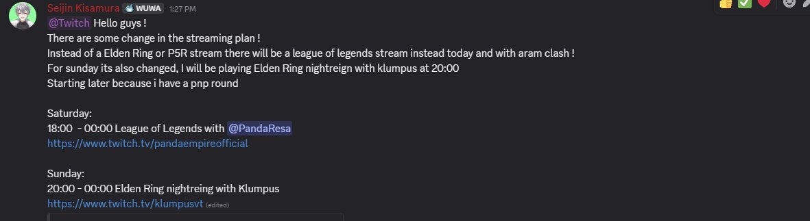 Seijin Kisamura | Ger/Eng Vtuber | still in work (@kisamurasei) on Twitter photo Good day guys !
Little change on the streaming today and tomorrow !
Today some League of Legends with Resa and Sunday will be Elden Ring Nightreign with <a href="/KlumpusVT/">Klumpus (SSoC)</a> Good day guys !
Little change on the streaming today and tomorrow !
Today some League of Legends with Resa and Sunday will be Elden Ring Nightreign with <a href="/KlumpusVT/">Klumpus (SSoC)</a>