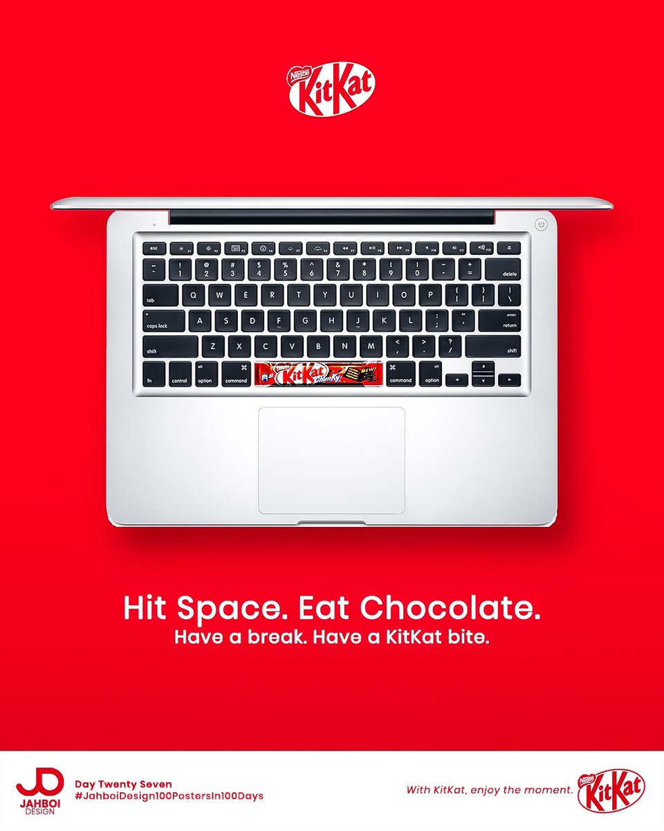 jahboidesign's tweet photo. Day 27/100 Poster Ad for KitKat
Office grind non-stop? 🗂️ Meetings, emails, deadlines…
Remember: even the hardest workers need a break.
Hit Space. Have a KitKat.
@KITKAT @TheXEffect_ #JahboiDesign100PostersIn100Days #PosterDesign #PosterAd https://t.co/3jIWYOAu1m