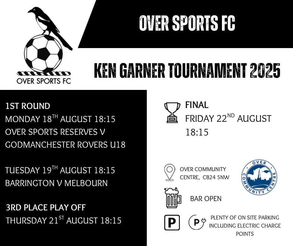 Very much looking forward to our annual Ken Garner tournament starting on Monday at <a href="/CentreOver/">Over Community Centre</a> 

Many thanks to <a href="/GoddyRoversU18/">Godmanchester Rovers FC U18</a> <a href="/BarringtonFC_1a/">Barrington FC</a> and <a href="/Melbourn_FC/">Melbourn FC ⚽️</a> for agreeing to take part.

Good luck to all teams