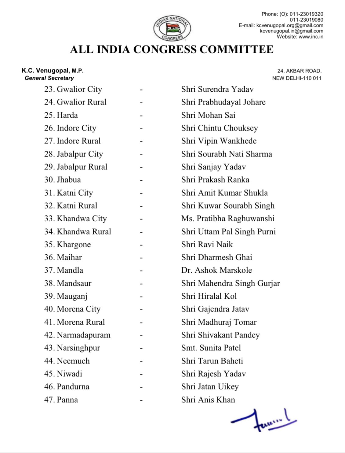 मध्य प्रदेश कांग्रेस में बड़ा बदलाव, संगठन सृजन अभियान के तहत 71 नए जिलाध्यक्षों का ऐलान