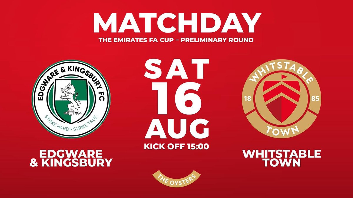It’s Match Day! 

Emirates FA Cup Preliminary Round, against Edgware and Kingsbury FC! 

📆 Saturday 16th August 
⚽️ Kick Off at 15:00
🏟️ Hendon FC, Silver Jubilee Park, Townsend Lane, London, NW9 7NE

Up the Oysters!