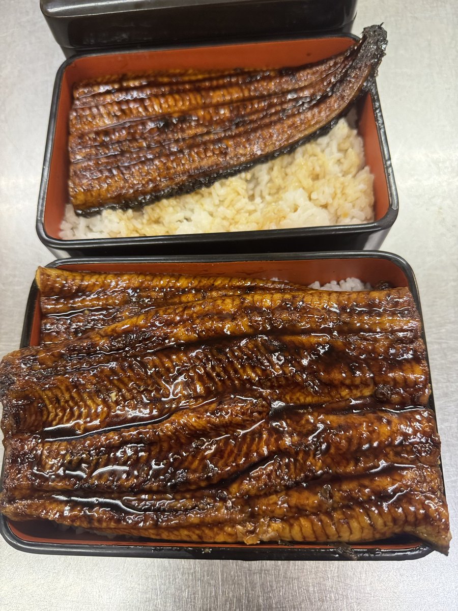 6daimekanekichi's tweet image. コイツやばい😅
今回スポットの #浜名湖産鰻
通常でも特大なのに超特大と言うかメガサイズ😅
300g近いので吉田町産で出していた蒲焼の倍
頭半分でも重箱に収まらない😅
蓋も出来ない😅
コレで税込3850円なんて #あたおか
早くも残り僅か😅