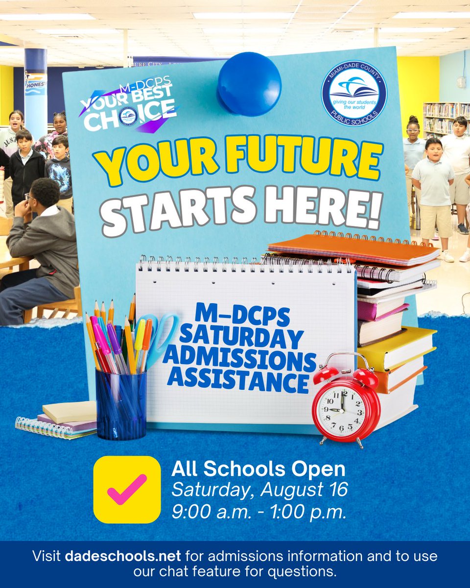Jose L. Dotres, Ed.D. (@suptdotres) on Twitter photo Parents, we’re here for you! All <a href="/MDCPS/">Miami-Dade Schools</a> schools are OPEN today, Saturday, August 16, from 9 a.m. – 1 p.m. to help with NEW student admissions. Our dedicated staff are ready to welcome your child into the school of your choice (based on seat availability).
For a checklist of what Parents, we’re here for you! All <a href="/MDCPS/">Miami-Dade Schools</a> schools are OPEN today, Saturday, August 16, from 9 a.m. – 1 p.m. to help with NEW student admissions. Our dedicated staff are ready to welcome your child into the school of your choice (based on seat availability).
For a checklist of what