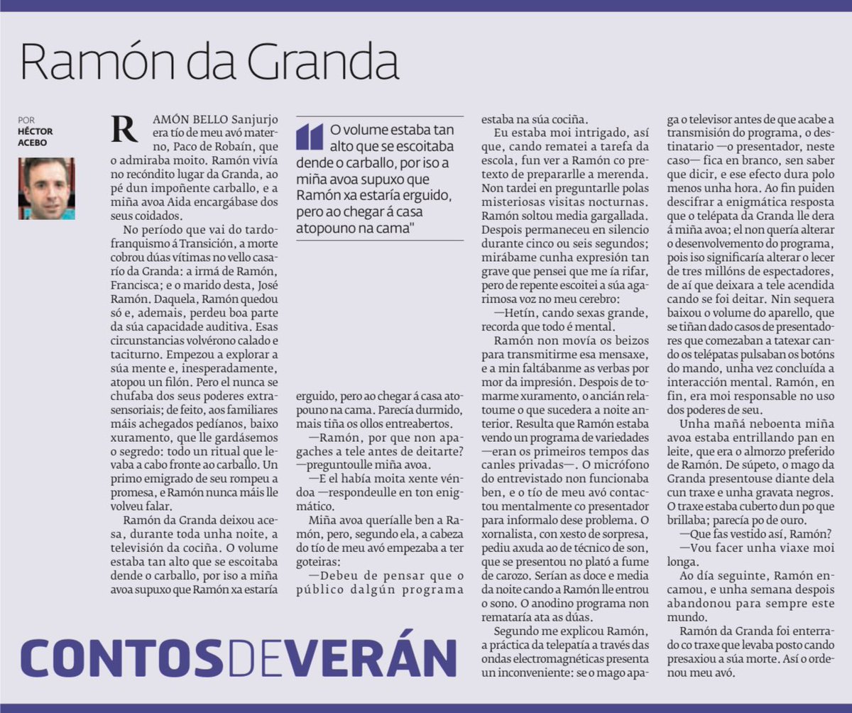 HectorAcebo's tweet image. 🖊️ Hoxe publico este conto en @elprogreso_Lugo. ✨

#conto #relato #realismomáxico #galego