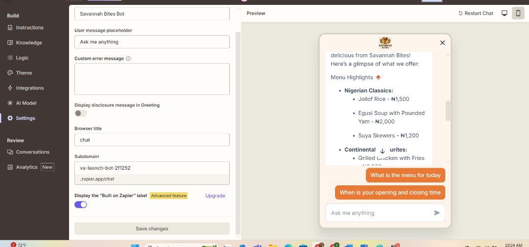 Recently, I used Zapier to:
🔹 Automate Google Forms → Sheets → Gmail → Slack
🔹 Design a chatbot for a restaurant 🍴 that answers customer queries
This project proved how automation + no-code can boost efficiency &amp; enhance customer experience <a href="/skill_afrika_/">Skill Afrika</a> <a href="/omoalhajaabiola/">Omoalhaja</a>