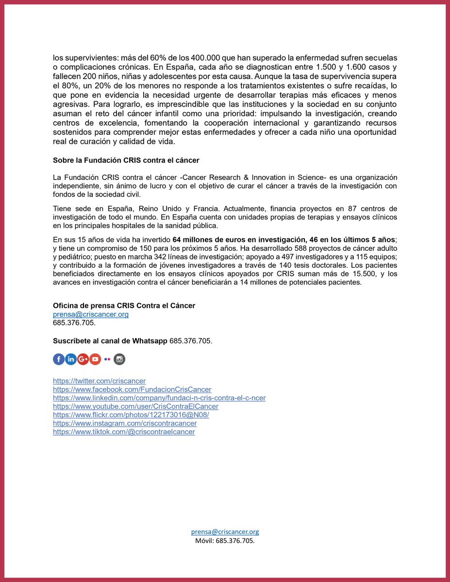 Todo el equipo de CRIS Contra el Cáncer y de la Unidad CRIS de Terapias Avanzadas en Cáncer Infantil en el Hospital La Paz de Madrid nos unimos al dolor de Dani Guerrero y su familia.