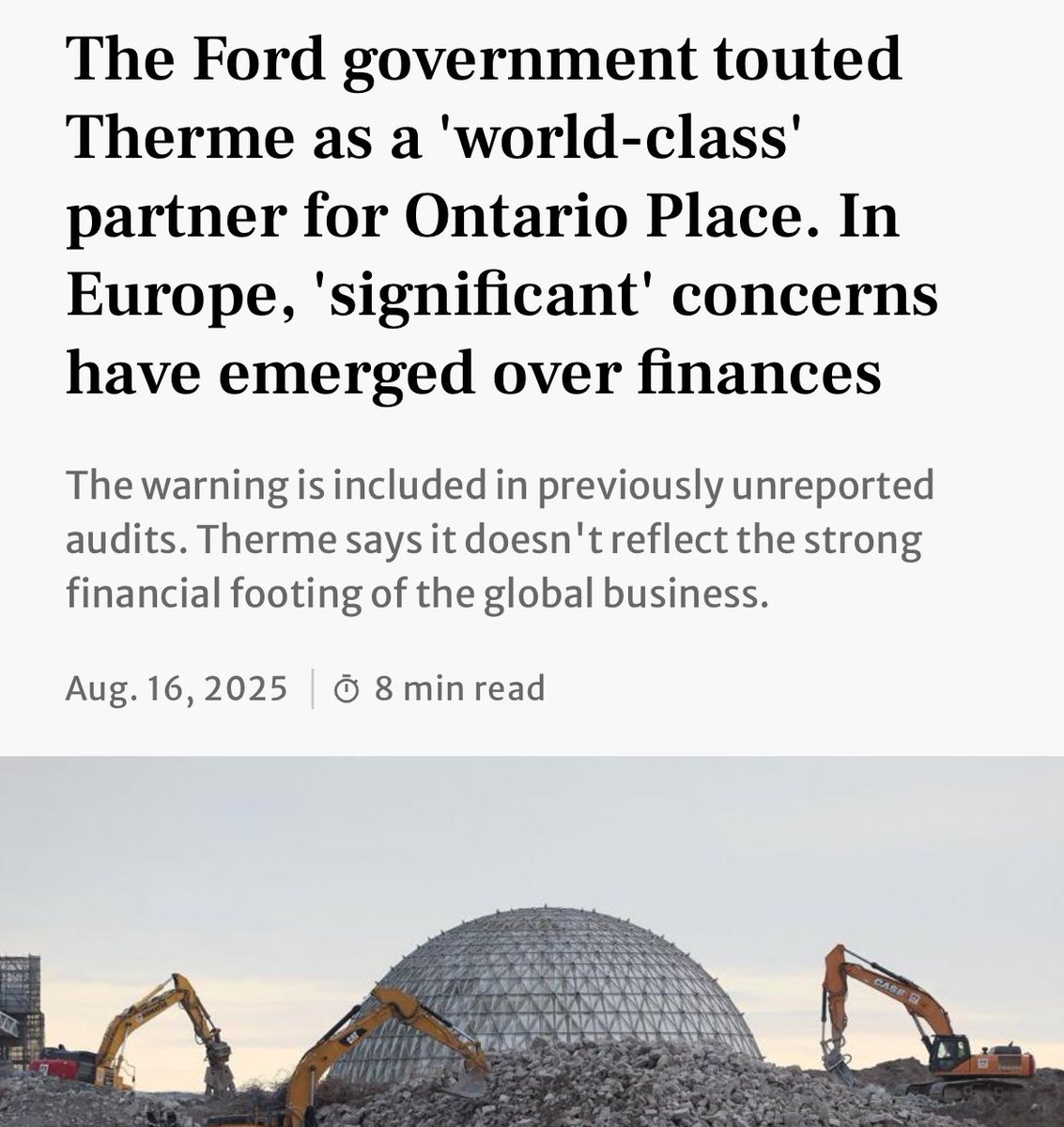 The Ontario Place mess: A story of a corrupt and incompetent Doug Ford government that handed your public waterfront to an Austrian company that may not even be able to complete this wrong headed fiasco.