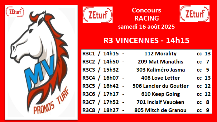 MV Pronos Turf (@mvpronosturf) on Twitter photo ๐๐๏ธConcours MVPronos Racing <a href="/ZEturfFr/">ZEturf ๐</a>
16/08/25 ๐๏ธ๐
๐น#MVPronosRacing160825 ๐๐๏ธConcours MVPronos Racing <a href="/ZEturfFr/">ZEturf ๐</a>
16/08/25 ๐๏ธ๐
๐น#MVPronosRacing160825