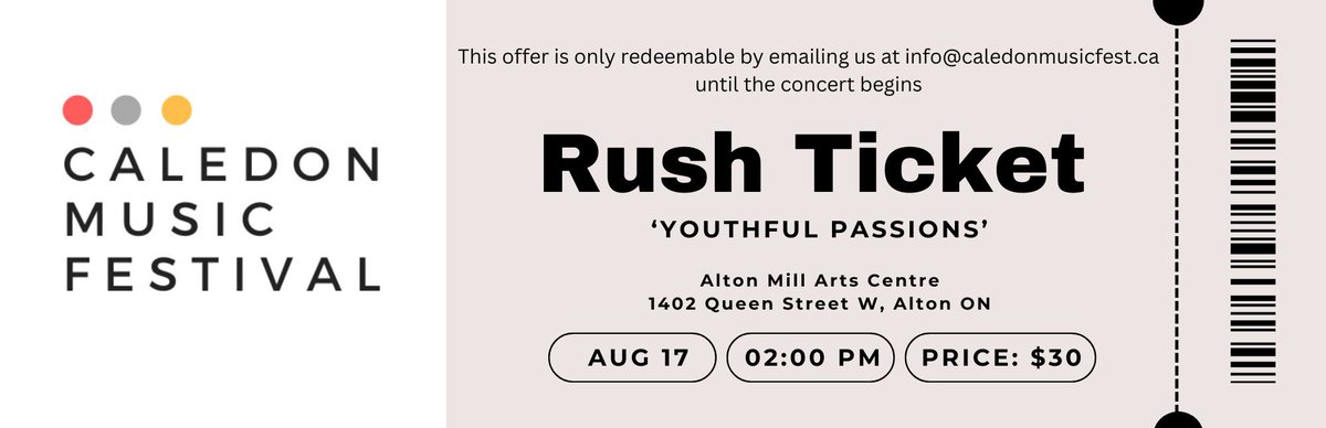 Looking for some last-minute plans for this weekend? We have $30 Rush Tickets available, Only 10 tickets availble, you can reserve them by emailing us at info@caledonmusicfest.ca or calling us at 647-892-8251! 

Sunday, Aug 17th, 2PM | <a href="/AltonMillArts/">AltonMillArtsCentre</a> 
caledonmusicfest.ca