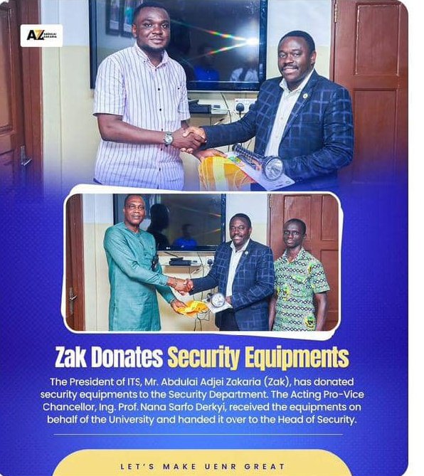 Abdulai Adjei Zakaria, ITS President, has donated security equipment to the Security Department of UENR, a gesture received by the Acting Pro-Vice Chancellor, Ing. Prof. Nana Sarfo Derkyi, who handed the items over to the Head of Security to enhance safety on campus.

#UENRISHOME
