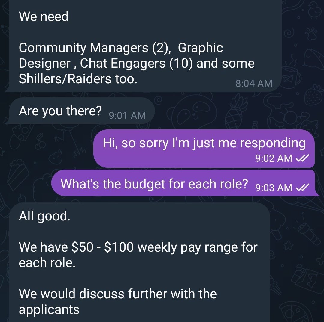 URGENT HIRING 🚨

If $50-$100 weekly is a good deal for you.

I have a Dev looking to kick start a meme project and currently hiring

- Community Managers (2),  
- Graphic Designer , 
- Chat Engagers (10)
- Shillers/Raiders too.

If interested, Reply below👇🏻 + Repost too.🚨

I