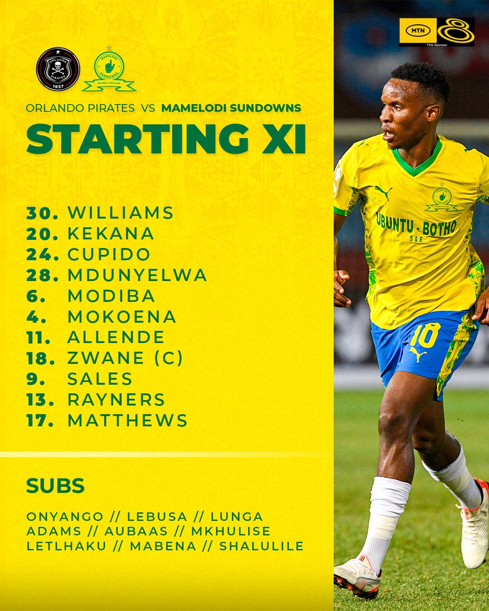 🚨𝙎𝙏𝘼𝙍𝙏𝙄𝙉𝙂 𝙓𝙄🚨

🆚 Orlando Pirates
⏰ 15H00
🏟 Orlando Stadium
📺 SS 202 &amp; SABC 1

#Sundowns #MTN8 #AreyengMasandawana