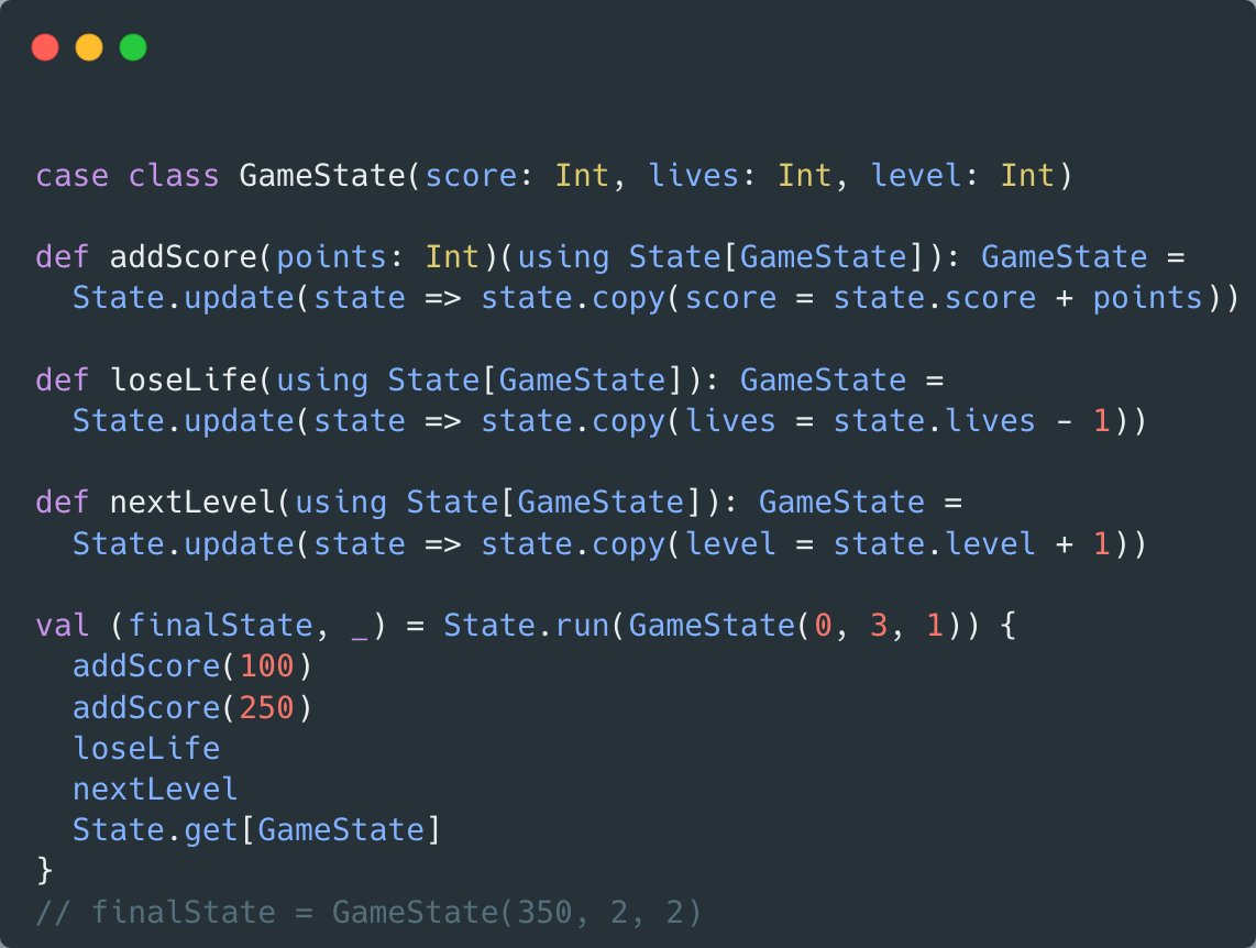riccardo_cardin's tweet image. Version 0.5.0 of the #YAES effect system is here 🚀 (just in time for @scaladays...fiuuu). We added the `State[S]` effect to the #Scala 3 party 🥳. However, be careful that the current version is not thread-safe.

Here are the release notes: github.com/rcardin/yaes/r…

cc…