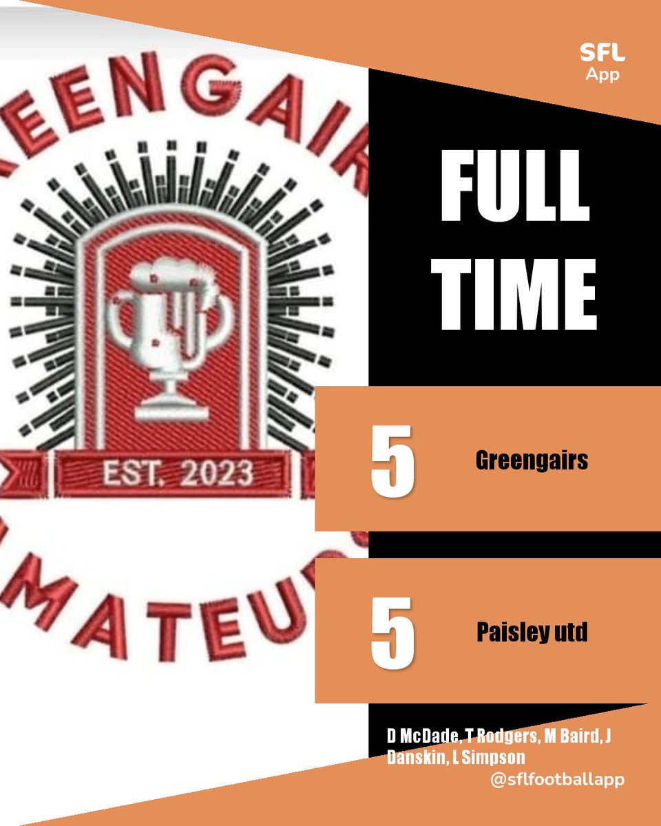 🚨 FT RESULT🚨

Greengairs 5-5 Paisley utd 

Tremendous character shown today to come from 5-1 down with 30 minutes left to take a point from the match.

<a href="/OfficialSMAFA/">SMAFA</a> <a href="/L1veAtTheAmmys/">Live At The Ammys</a> <a href="/scottish_aff/">AmateurFixturesResultsSCO</a>