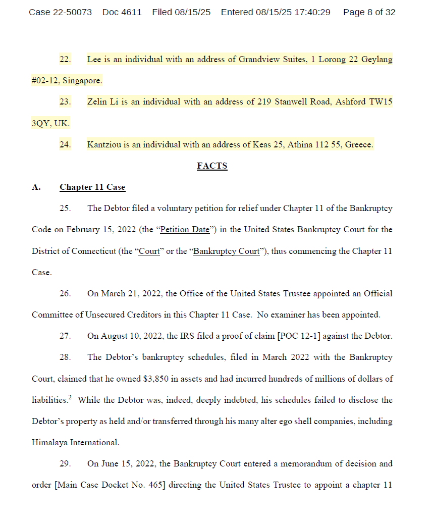 #郭文贵破产案  17人收到喜交所汇款的人被起诉
8月15日，LUC继续立案追缴郭骗诈骗资金
🔸郭骗通过其空壳公司喜马拉雅国际清算有限公司，在申请破产之后，向17位被告转移资金
🔸其中樱花/乔乐/Qiao Le 收到 165,387.70美元。
🔸其他人喜国蚂蚁自己去对号入座吧。。。。