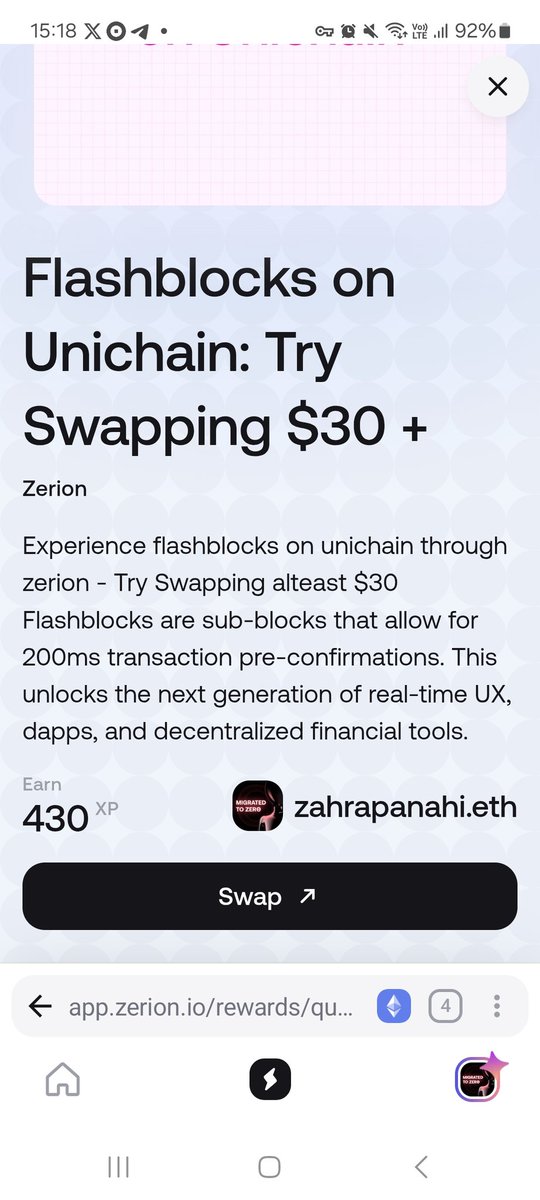 تسک جدید <a href="/zerion/">Zerion</a> 
Flashblocks on Unichain
🔷️ حداقل ۳۰ دلار سواپ کنید 
فلشبلاک‌ها زیر‌بلاک‌هایی هستند که امکان پیش‌تأیید تراکنش‌ها در ۲۰۰ میلی‌ثانیه را فراهم می‌کنند.این ویژگی نسل بعدی تجربه کاربری بلادرنگ، dAppها و ابزارهای مالی غیرمتمرکز را ممکن می‌سازد
app.zerion.io/rewards/quests