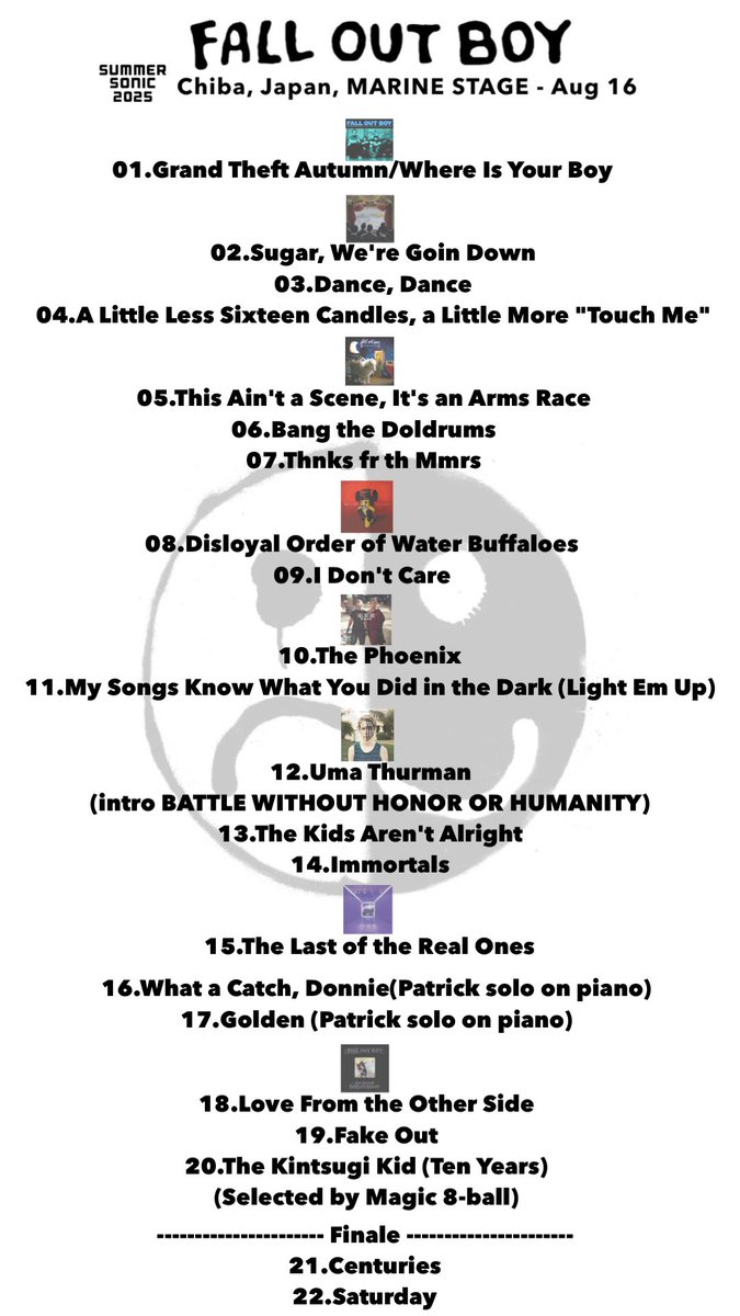 xxGjoxx's tweet photo. Fall Out Boy
FOB
フォールアウトボーイ
SUMMER SONIC
サマーソニック
サ���ソニ
Tokyo
幕張
千葉
マリン
SET LIST
セットリスト
セトリ https://t.co/JnG6NudSXA