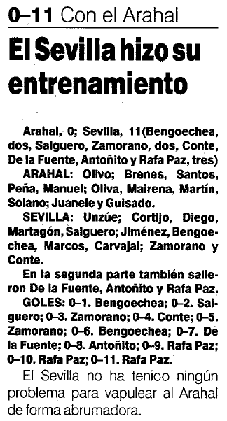 DatosSevillista's tweet photo. Un día como hoy en 1991 nuestro @SevillaFC se enfrentaba al Arahal C.F. en el que, entre otras cuestiones, Rafa Paz hizo un hat trick 😄

Otros tiempos...  
Esa misma pretemporada el Sevilla jugó, entre otros, con el Rota o Chiclana, además del citado Arahal. https://t.co/Hr5aFaF49m