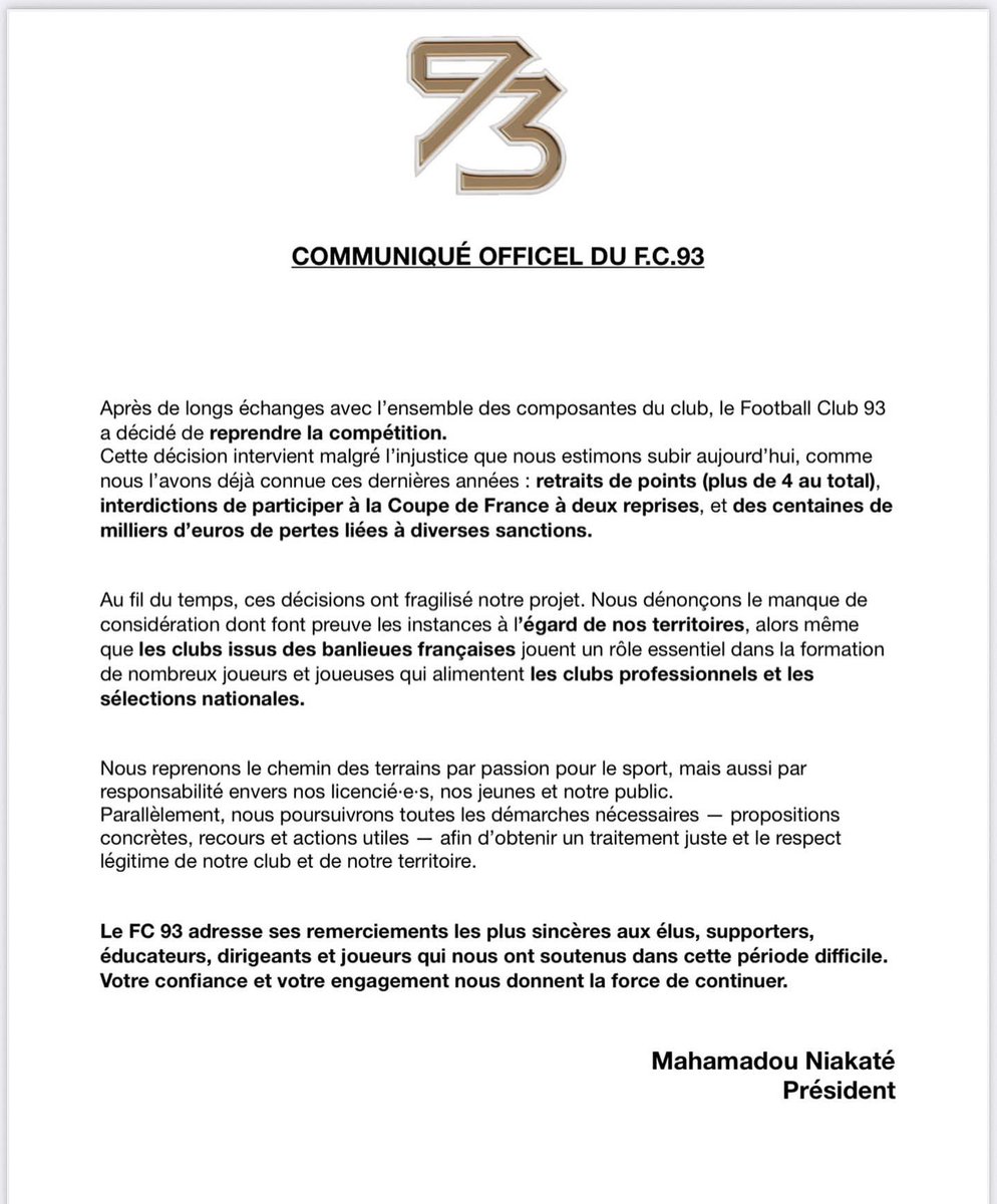 📢 Communiqué officiel du FC93 :

Merci à nos élus, supporters, éducateurs, dirigeants et joueurs pour leur soutien indéfectible. ❤️

<a href="/AlyDiouara/">Aly D</a> <a href="/Abdel_Sadi/">Abdel Sadi</a> <a href="/karim_bouamrane/">Karim Bouamrane</a> <a href="/LPIFF75/">Ligue de Paris Île-de-France de Football</a> <a href="/District93foot/">DISTRICT 93 DE FOOT ⭐⭐</a> 

#FC93 #LeCombatContinue