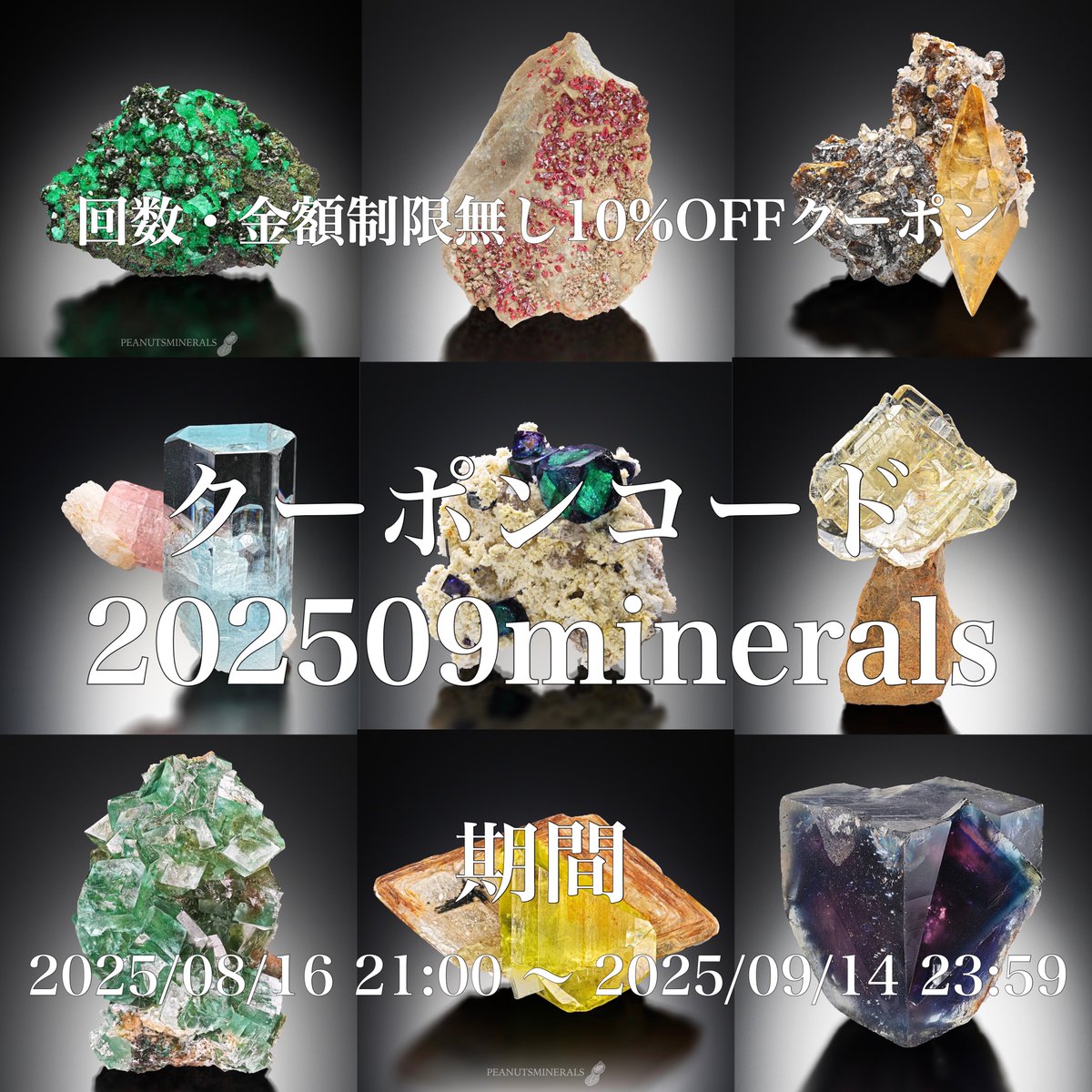 BASEでご利用可能の【10%OFFクーポン】のお知らせです。

ご購入時に、クーポンコード【 202509minerals 】
を必ずご入力ください。

有効期間　8月16日（土）21:00〜9月14日（日）23:59

回数、金額の制限はございません。

※注意点がありますので次もお読みください。