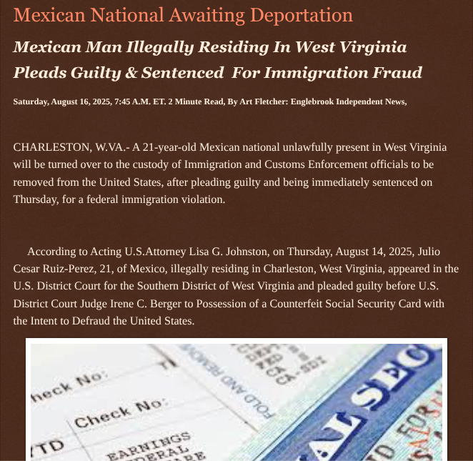 ArtFletcher9's tweet photo. Mexican National Awaiting Deportation https://t.co/tLflWPKCMn via @Englebrooknews #CrimeNews #WestVirginia #charlestonwv #mexican #national #federal #guiltyplea #sentenced #timeserved #socialsecurity #fraud #deportation @wireless_step @HRG_Media @LodiNJNews @SugarMAGA @fordmb1 @SarahGeving1 @Shannon96574094 @Daytobehappy @janninereid1 @MichelleF_35 @gator4kb18 @TrumpWasRite @KathyKbrose @RobGerundo @JimBobW49