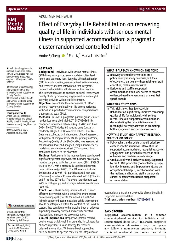 A new Swedish RCT in <a href="/BMJMentalHealth/">BMJ Mental Health</a> 👇🏼 finds Everyday Life Rehabilitation (ELR) significantly improves the quality of life for people with serious mental illness in supported housing. Person-centred, activity-based care works.

<a href="/umeauniversity/">Umeå University</a>
<a href="/WHO/">World Health Organization (WHO)</a> 
<a href="/NIMHgov/">National Institute of Mental Health (NIMH)</a>
<a href="/TheBJPsych/">BJPsych Journals</a>