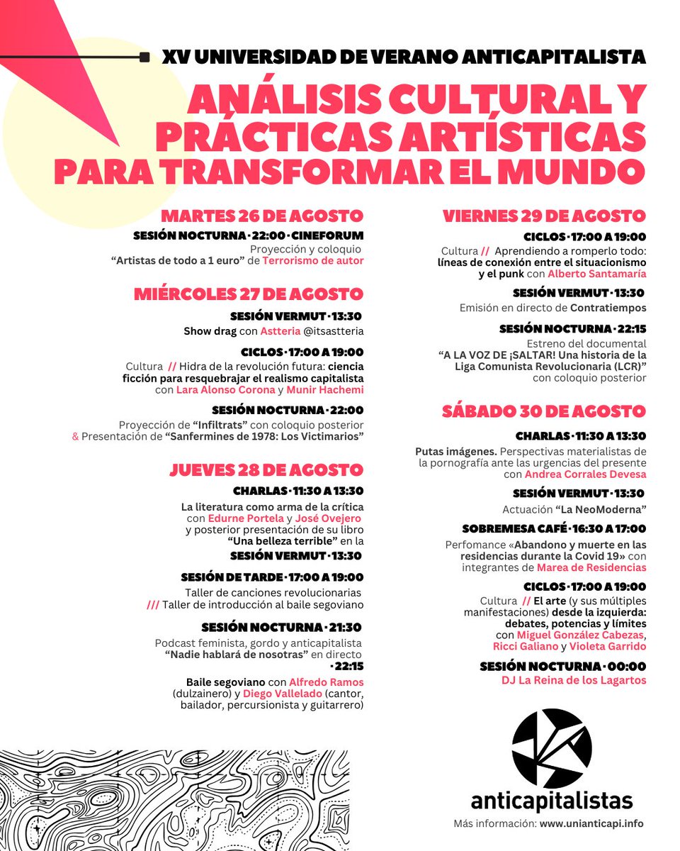 En el programa de esta edición de la #UniAnticapi dedicamos un espacio relevante para el análisis de la cultura y el arte, así como de diferentes prácticas artísticas desde una perspectiva crítica y política.

En 🔟 días empezamos. Inscripciones en unianticapi.info