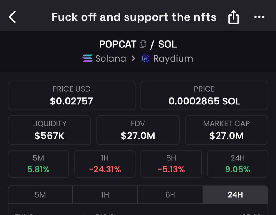 0xVeil's tweet photo. POP POP POP! —— The History of $POPCAT, from Meme to Crypto Legend

Popcat is probably one of the few top-tier memes that remains popular on the Chinese internet today. Compared to the panda head sticker packs that are more prevalent in China, Popcat frequently appears in all sorts of parody videos, thanks to its addictive animation of a mouth opening and closing. But what I didn't know was that this cat's journey from a video clip to a global clicking game, and finally to a memecoin, was far more convoluted than I had imagined.

「It all started with a cat named Oatmeal」

2020-10-09: A user named Xavier posted a short video of his cat, Oatmeal, on Twitter. In the video, Oatmeal was looking at a bug, its mouth forming an adorable "O" shape. At this point, it hadn't attracted much attention. (Original video at the end of the article) 
2020-10-12: A netizen created a GIF from two images of Oatmeal with its mouth open and closed. Later, someone else added the iconic "Pop" sound to this GIF, and with that, a perfect meme was born. From late 2020 to early 2021, this GIF with sound became active across various social media platforms, turning into a popular sticker. The attention was still moderate at this stage, but the emergence of the sticker was a crucial turning point for Popcat's rise to fame.

「The Tipping Point: The Birth of https://t.co/KSTUw9nICr」 
2020-12: The beginning of the explosion. Three university students in the UK, out of interest, created a simple little website: https://t.co/KSTUw9nICr. The site had only one thing on it: that classic Popcat GIF. Every time a user clicked the mouse, the cat's mouth would open with a "pop" sound, and a counter at the bottom of the screen would increase by one. It was originally just a small game, but the developers then added a stroke of genius: a global leaderboard for countries/regions based on the user's IP address, successfully transforming an individual pastime into a matter of collective honour.

「A Global Frenzy: A "World War of Clicks" 」
The official Twitter account went live in February and first exploded in popularity in Brazil, reaching a million clicks for the first time. It then took off in Finland, hitting 3 billion clicks, to the point where schools banned the game. By August, the Tokyo Olympics had captured the world's attention, and this global enthusiasm ignited a new wave of Popcat fever. From then on, Asia became the main battleground. Thailand took the lead, clicking day and night to dominate the leaderboard; later, Taiwan, Hong Kong, and others successively claimed the top spot, sparking a worldwide "clicking wave". To this day, the global click count has surpassed 650 billion.

「Behind the Craze: A Reflection of Social Sentiment」
One point worth noting is that the frantic participation of the Thai people wasn't purely for entertainment (and let's be honest, tapping a screen isn't that entertaining). It was more like a reflection of social sentiment and an expression of political demands. At the time, Thailand was at the peak of the pandemic, and pressures like economic downturn and mass unemployment left people, especially the youth, in desperate need of an emotional outlet (writing this, I feel a strange sense of familiarity). The emergence of Popcat was perfectly timed; this absurd global competition provided people with a low-cost, entertaining way to protest and show solidarity. Tapping the screen gave a sense of "bringing glory to the nation," and so it became a tool for countless people to release stress, seek comfort, and express a sense of collective identity.

「Birth of  $POPCAT 」

2023-12-12: After Popcat had already built a deep cultural foundation and user base worldwide, the IP was finally used to launch a coin. On 12 December, $POPCAT was officially issued. At the start, the team put 93.1% of the tokens into the liquidity pool and burned the LP permissions, with 6.9% reserved for future listings and liquidity management, held in a multi-sig wallet. In its initial phase, $POPCAT didn't make huge waves, considered just a decent shitcoin, with everything still quietly brewing.

「Sudden Turmoil – The Developers' Betrayal」

Mid-December 2023: About a week after its launch, popcat's market cap surged to $50m. Then, the developer suddenly announced a plan to release an NFT collection for personal gain: 3,000 pieces, each priced at 1.5 SOL. Releasing NFTs isn't necessarily that objectionable in itself, but the problem was that the developer used it to threaten the community: if the community didn't support the NFT sale, he would maliciously alter the token's metadata. This was something I hadn't seen before. I looked into it, and it turns out that after a token is issued, the developer still has the power to change basic information like the token's name and logo, unless they renounce that power—which this developer clearly hadn't. This threat caused intense outrage in the community, and in the end, he actually did change the name—to "Fuck off and support the nfts." As soon as the news broke, market confidence collapsed instantly. The token's price plummeted from a $50m market cap to $10m within two days, bringing the project to the brink of death for the first time. 

2023-12-24: At this critical juncture, the community didn't just stand by. To save the project, several early core members joined forces to "force an abdication". In the end, community leader Jpeggler bought out the contract's control and all social media accounts for $35,000. He then immediately renounced the contract permissions. With that, Popcat officially completed its community takeover (CTO), becoming a truly community-driven memecoin. Through this ordeal, the community didn't fall apart; instead, it emerged stronger after being tested by fire. To quote a community member, "Hats off to Jpeggler. None of this would have been possible without him. We all shared a common vision, and he was the one who lit the first flame." Although the meme world is full of hype, scams, and fraud, there are always those who strive to protect this fragile ecosystem, quietly pushing forward the development and continuation of meme culture. A heartfelt salute to these OGs!

「Riding the Wave, the Cat Craze Sweeps In」

2024-04: Entering April, the market witnessed a full-blown explosion of the "cat coin" sector. Driven by the community's strength, Popcat's market cap, after a brief correction at the end of March, surged dramatically in mid-April, rocketing from a low of $100m to an ATH of $700m. Google Trends at the time showed that search interest for "Popcat" from 21-27 April hit a new high, even surpassing the historical peak during the 2021 game era. The number of holder addresses also continued to soar, eventually reaching around 45,000, a testament to the powerful community synergy forged after the crisis. The entire cat coin sector was incredibly strong during the same period:

mew led the pack at $600m (rumoured to have VC backing, so not a pure meme); 
popcat steadily climbed at $400m; 
mog was in a correction at $250m; 
wen/toshi at $200m; 
maneki at $180m (VC-backed +1); 
michi at $100m.

「Embers Still Warm, a Shadow Returns」

2024-05: As the community grew stronger and the market cap higher, a new problem emerged—copyright issues. Someone questioned whether Popcat was using Oatmeal's image without permission. Subsequently, the cat's owner, Xavier, publicly stated on Twitter, "My cat is my cat, and I am completely against cryptocurrency." This statement poured cold water on the community. Last time it was the developer threatening to change the metadata, with a sort of "I hold the copyright, I'm in charge" attitude, and now this again. What followed was the usual pattern: FUD from the original owner, panic spreading, more and more people raising questions and concerns, and the market cap's steady rise came to a halt.
When it rains, it pours. Another cat coin based on a real cat, Shark Cat, dealt Popcat a heavy blow with a textbook crisis management response. At the time, Shark Cat was also facing copyright questions. After its owner publicly stated on 15 April that they had not given permission, the Shark Cat community team immediately contacted the owner through lawyers and quickly reached a licensing agreement. On 2 May, the owner publicly expressed their support. Shark Cat rebounded in response, soaring from $50m to $200m. More importantly, this act of securing clear copyright gave many people a reason to get involved, directly causing some funds and attention to flow to Shark Cat. Regardless of its subsequent performance, in the handling of this "copyright issue," Popcat undoubtedly fumbled, whereas the Shark Cat community's actions were decisive and brilliant. Meanwhile, this battle for the title of "the one true cat king" made the entire cat coin sector exceptionally hot.

「When Memes Meet VCs – Ansem's Shenanigans」

Market Context: In the first half of 2024, the market was flooded with projects backed by top VCs. This "insiders get in first" + "leaders get out first" model left countless retail investors complaining bitterly. Then, something happened that ignited emotions—Ansem moved to trademark MOG. In May, someone discovered that Ansem's company had filed a trademark application for "MOG" with the United States Patent and Trademark Office—yes, that mogcoin. This action was interpreted as Ansem preparing to privatise the MOG brand. If the application succeeded, it would mean he could control the use of the MOG brand and exclusively enjoy its commercial benefits, and community governance would cease to exist. Although a minority of supporters saw it as a necessary step for memes to become more professional and institutionalised, the vast majority of community members viewed it as a betrayal. (So, was Ansem acting out of self-interest, or for the better development of MOG? Only he knows. There's an interesting comment on the situation at the time: When Ansem, this seemingly upstanding "community leader," also engaged in this kind of VC-like harvesting of the community, the community's anger was completely ignited.)

2024-05: The anti-VC fury sparked by the MOG incident quickly spread to the cat coin sector. Many began to question whether venture capital firms were also manipulating certain cat coins, such as mew and maneki, which were rumoured to have received VC investment and had overly concentrated holdings. Besides, their charts hardly looked like those of a meme coin (reaching $300m+ on the first day). In contrast, Popcat and Michi, having weathered multiple storms and being entirely community-driven, were seen as representatives of the "grassroots spirit" and gained broader support. For a time, the "community camp" and the "VC camp" began attacking each other in the media: it was reported that whenever someone tweeted about $POPCAT, a large number of bots would immediately reply, recommending buying MANEKI or MEW. This overly blunt smear campaign, however, only strengthened the Popcat community's cohesion. After being baptised by crisis after crisis, Popcat was no longer just a memecoin, but a banner for the community's resistance against capital, continuing its journey on a winding road.

「A Milestone Moment – The Cat King's Coronation!」

2024-09-25: $POPCAT had its coronation moment. Multiple media outlets jointly reported that Popcat had become the first cat coin across all chains to break a $1 billion market cap. And this was just the beginning of a new sprint.

2024-10: After the ups and downs of the summer, cat season returned. In early October, Popcat's price skyrocketed by 78% within a month, firmly establishing itself above a $1 billion market cap. It then rode this momentum, breaking through barriers with the combined force of the market and the community, reaching a peak market cap of $2 billion on 13 November, becoming the seventh-largest meme. Still, apart from the two monsters, it was second only to wif, bonk, pepe, and floki. At the same time, its exceptionally brilliant performance far outshone the dog coins of the period, causing the "cats over dogs" narrative to gain traction. Popcat's cultural influence also reached its zenith at this point—not only did it bring the cat image to the centre of the crypto stage, but it also drove a rally in a host of copycat cat coins. This moment, for all community members who witnessed Popcat's growth, was one to remember and be proud of. Along the way, having experienced the developers' backstabbing, FUD from the owner, and strong competition from its peers, all the past doubts, worries, and silences were finally overcome. This funny little cat, carrying the purest meme culture and an unyielding grassroots spirit, had arduously walked into the spotlight, becoming the most dazzling presence on the meme stage.

「From Joke to Mainstream: Recognition by Major Platforms」

2024-08-22: Binance Futures list Popcat
2025-02-14: Coinbase lists Popcat 
2025-03-13: Robinhood lists Popcat 
2025-06-25: Binance US lists Popcat 

As a community member lamented: "What was once an internet joke has finally made it onto serious investment platforms." This was not just a victory for Popcat, but a victory for the powerful community consensus behind it.

「Ebb and Flow, the Spirit Endures」

Starting from 2024-11, Like many memes, after reaching its peak, Popcat also experienced a sharp correction. Entering November, as profit-takers sold off and market sentiment cooled, Popcat's price took a nosedive from its high, falling back to $700m within two months. Some early whale holders began to sell and exit. After this, Popcat entered a long-term correction, and the once-high Google search interest also declined. However, during this adjustment, the core Popcat community did not disintegrate. Loyal supporters remained active on social platforms, and a series of real data became the best proof of the community's strength during this difficult period: 150,000 holder addresses, more than eight 80% corrections, consistently in the top three cat coins from the start, and reaching a $2 billion market cap purely through community drive. Behind these cold numbers lies the consensus and collective effort of countless community members.

「The Bond with Dogecoin」

As community member @008Nate said: "From the beginning, we had a bold vision: for cat coins to surpass dog coins." Over its long development, Popcat has become the undisputed leader of the cat coin sector. Its significance has transcended itself, beginning to carry the expectation of building a narrative landscape as vast as that of "dog coins." Although there is still a gap in total market cap, Popcat has undoubtedly driven the rise of the entire cat ecosystem, making it a sector that cannot be ignored in the crypto world.

「The cat that pops」

Today, more than 18 months have passed since Popcat's debut. Although it's no longer as glorious as it was at its peak, it remains the most iconic cat on the chain. From a simple meme image at the beginning to its current position at the centre of the global crypto stage, it is no longer just a token symbol. It is a shared experience of revelry, a collection of countless tweets, clicks, stickers, and jokes. This "little cat" that once made us laugh has now left a deep imprint on the blockchain—it has witnessed the power of community and will be recorded in crypto history as a pure meme culture.

Perhaps, Popcat's story is far from over. After all, the cat that pops—will keep on poppin