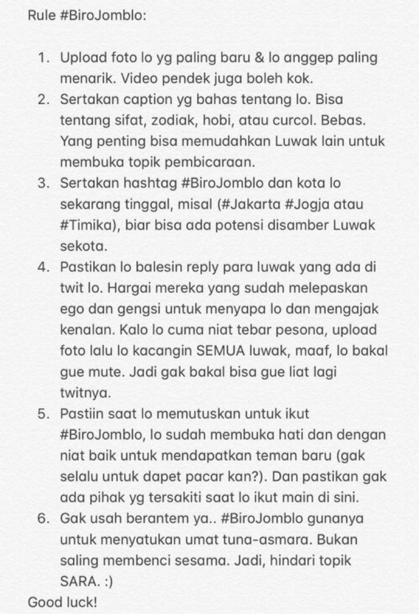 Malem Minggu gabut tanpa pasangan? Yuk usaha cari jodoh/gebetan/kenalan baru! Siapa tau dapet yg serius. 😍

CARANYA:
Reply tweet ini dengan rules di bawah, terus tambahkan hashtag #BiroJomblo biar gue retweet ya!

Banyak yg udah sukses &amp; bikin #TestimoniBiroJomblo loh! GO!! ❤️