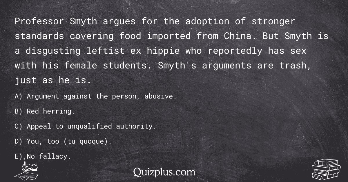 quizplus_exams's tweet image. Professor Smyth argues for the adoption of stronger standards covering food imported from China. But Smyth is a disgusting leftist ex hippie who reportedly has sex with his female students. Smyth&apos;s...

Get Answer: 👉 quizplus.com/quiz/128576-qu…

#FinalExamHelp #RadyChildrensHo…