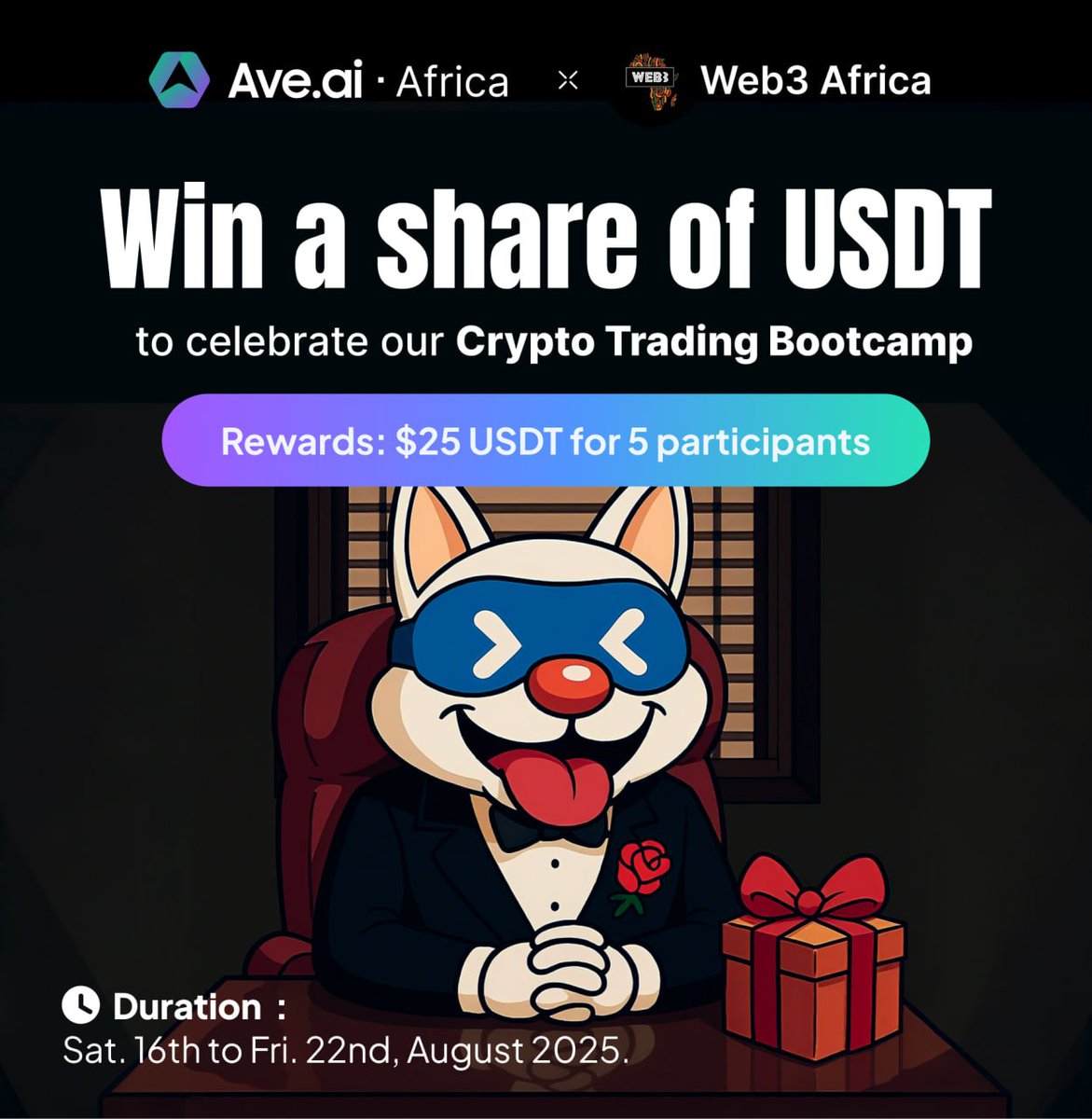 Ave.ai Africa (@aveai_africa) on Twitter photo Ave.ai Africa × Web3 Africa are giving out $25. 🎉
🏆 You can win some USDT by following these steps :
— Follow <a href="/aveai_africa/">Ave.ai Africa</a> and @web3afric twitter account
— Like, retweet and tag 2 friends who love giveaways in comment with #AveAfricaBootcamp
— Join Ave.ai Africa × Web3 Africa are giving out $25. 🎉
🏆 You can win some USDT by following these steps :
— Follow <a href="/aveai_africa/">Ave.ai Africa</a> and @web3afric twitter account
— Like, retweet and tag 2 friends who love giveaways in comment with #AveAfricaBootcamp
— Join