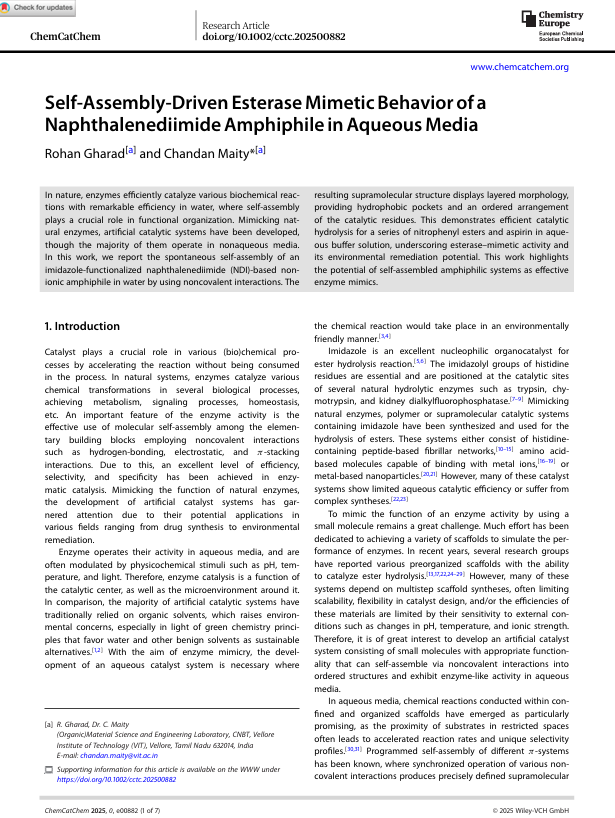 123Rohanta's tweet photo. We are happy to share that our latest research work, 'Self-Assembly-Driven Esterase Mimetic Behavior of a Naphthalenediimide Amphiphile in Aqueous Media,' published @ChemCatChem (https://t.co/uX1Bu7wL1c).
I am grateful to my PI, Dr. Chandan Maity @MaityLab &amp; lab mates @VIT_univ . https://t.co/kEidulGXec