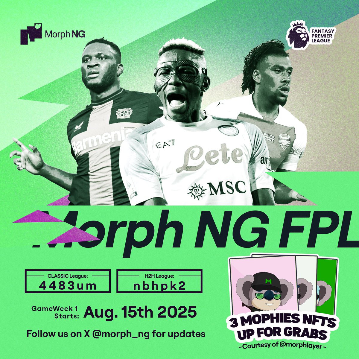 0xqq123's tweet photo. GW1 LOCKED IN! 🚨
The MorphNG FPL League is officially live ⚽️
But the funs just getting started…
Quote this post with a screenshot of your squad and let’s see which ballers will take you to the top 🏆
@morphnetwork
Hashtags:
#MorphNGFPLChallenge #MorphNG https://t.co/dOhIss3t4L