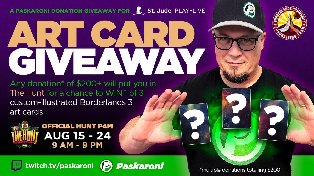Paskaroni (@paskaroni_) on Twitter photo Day 2 of #TheHuntP4M is here!
โข More Hunting
โข More redemptions
โข More <a href="/StJudePLAYLIVE/">St. Jude PLAY LIVE</a> โฅ๏ธ
You want more?
How about a chance to win 1 of 3 custom-illustrated BL3 Art Cards?
โญ๏ธ Today from 9 am - 9 pm EST
twitch.tv/paskaroni
Donate NOW: tilt.fyi/GFcd0VP3Og Day 2 of #TheHuntP4M is here!
โข More Hunting
โข More redemptions
โข More <a href="/StJudePLAYLIVE/">St. Jude PLAY LIVE</a> โฅ๏ธ
You want more?
How about a chance to win 1 of 3 custom-illustrated BL3 Art Cards?
โญ๏ธ Today from 9 am - 9 pm EST
twitch.tv/paskaroni
Donate NOW: tilt.fyi/GFcd0VP3Og