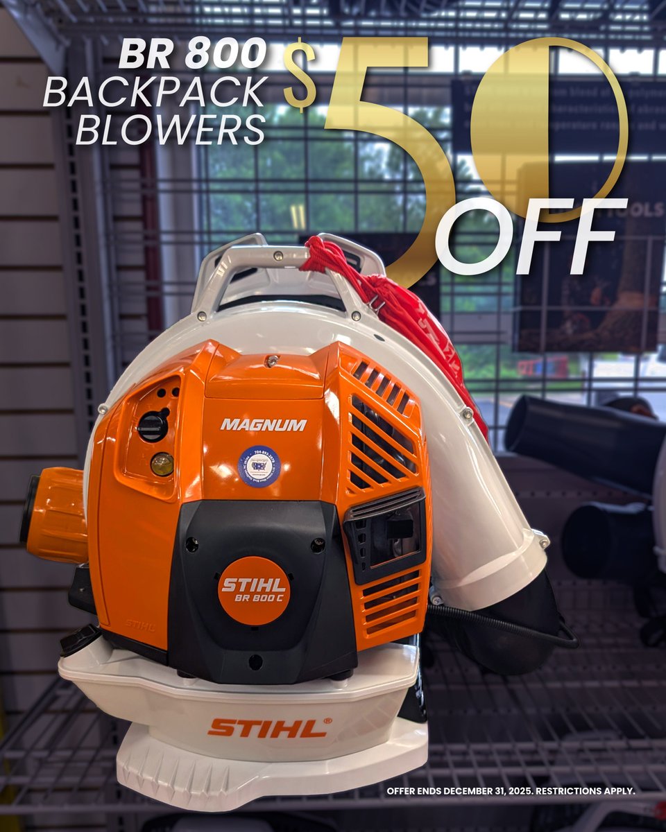 issstallingsnc's tweet image. Stihl BR 800 Backpack Blowers are $50 OFF right now.
Come see us before the sale ends!

📞 (704) 893-2878 📍 511 Union West Blvd. Stallings, NC 28104
🌐 iss-go.com
#StihlBR800 #LeafCleanup #FallReady #OutdoorPower #BackpackBlower