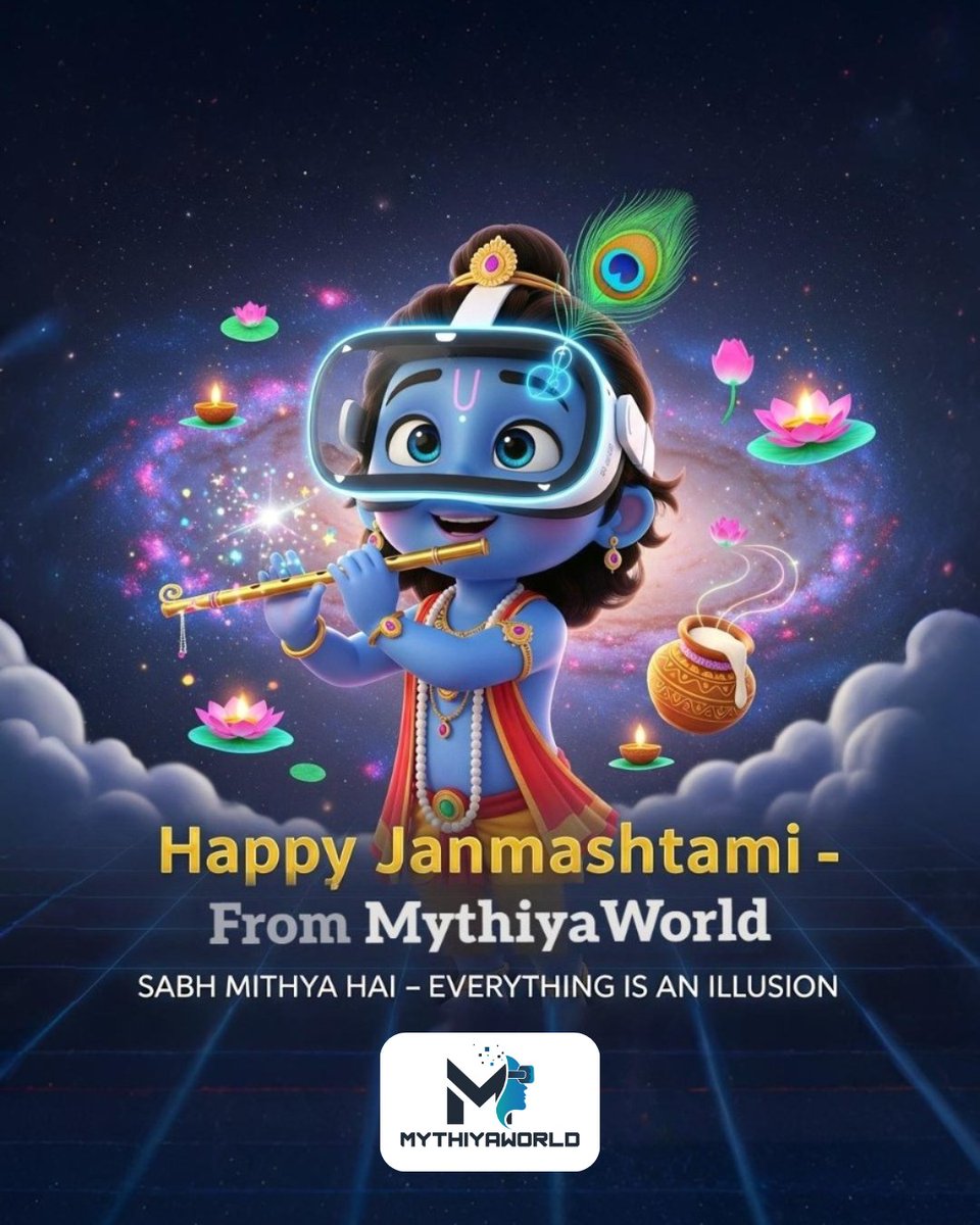 MythiyaWorld's tweet photo. Happy Janmashtami from #MythiyaWorld🎶
 May Lord Krishna’s blessings bring joy, love &amp; positivity
✨ Sabh Mithya Hai – Everything is an Illusion✨
📞 +91 94855 82644 | 📧mythiyaworld@gmail.com
 🌐 https://t.co/5sXNZUHixT
#HappyJanmashtami #Janmashtami2025 #VRWorld #KrishnaBhakti https://t.co/Lcdf5xBQgj