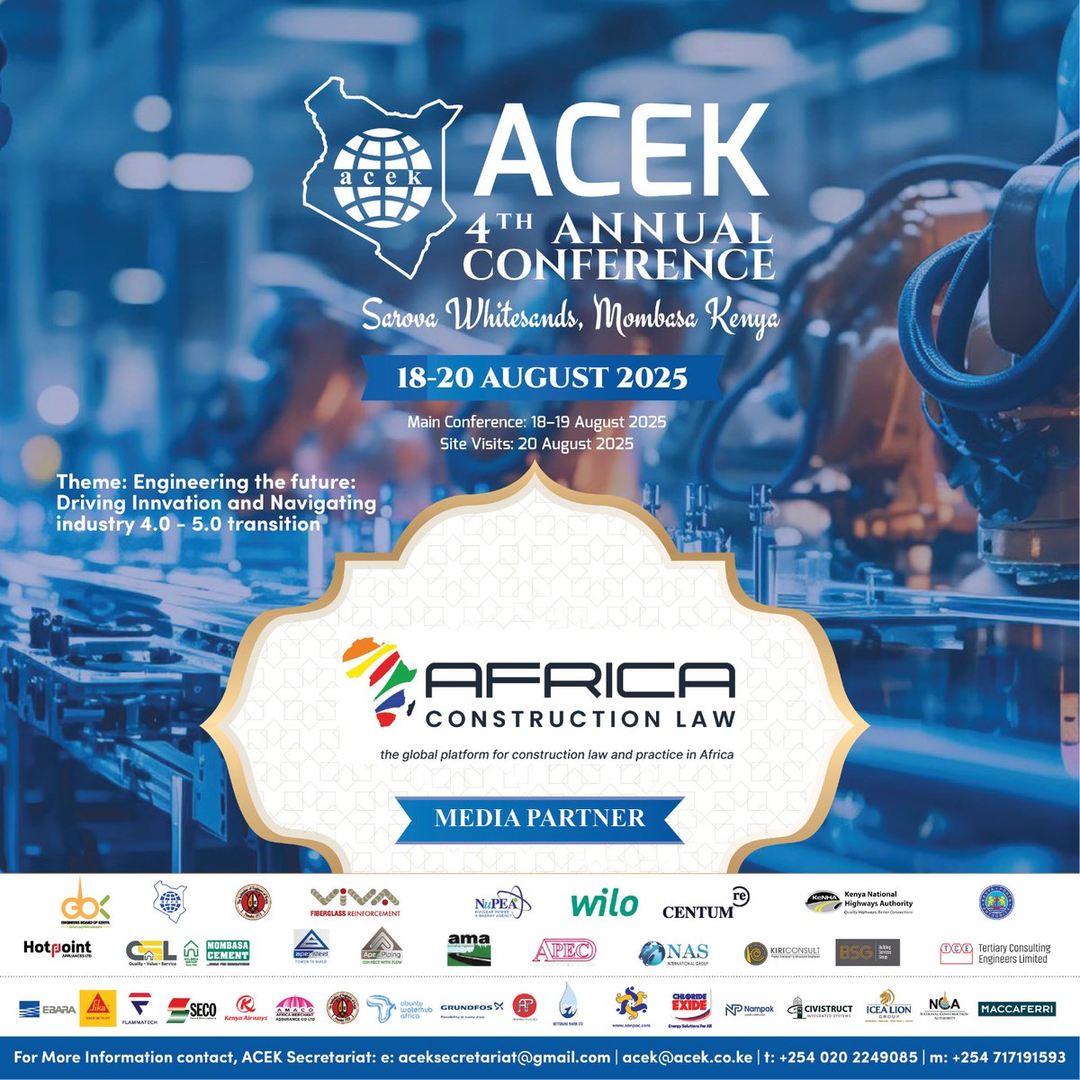 <a href="/AfricaConstruc1/">Africa Construction Law</a> is proud to be a 𝐌𝐞𝐝𝐢𝐚 𝐏𝐚𝐫𝐭𝐧𝐞𝐫 for the 4th ACEK Conference taking place at 𝐒𝐚𝐫𝐨𝐯𝐚 𝐖𝐡𝐢𝐭𝐞𝐬𝐚𝐧𝐝𝐬, 𝐌𝐨𝐦𝐛𝐚𝐬𝐚  August 18 – 20, 2025  
🔗 Register: events.microserve.co.ke/events/fae5-th… 
#AfricaConstructionLaw #ACEKConference2025 #Mombasa