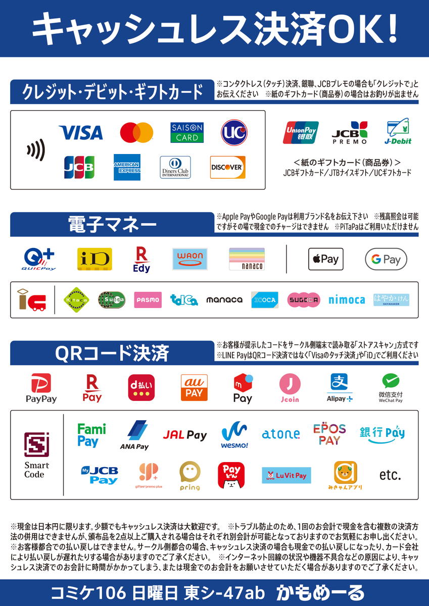 kamomail96's tweet photo. 新刊の電光掲示板×フォント本、キャッシュレス決済導入本、新クリアファイルの詳細です。

既刊の増強版に近い扱いですが、前回買っていただいた方もご満足いただけるよう目指しました！

もちろんキャッシュレス決済はいっぱい使えます！

東シ-47ab「かもめーる」です！！
#C106 #C106お品書き https://t.co/d7cGFPuR8K