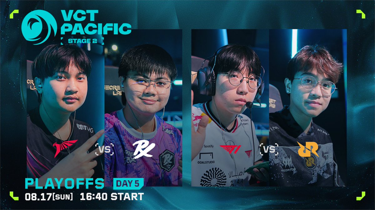 VALORANT Champions Tour JAPAN (@valesports_jp) on Twitter photo #VCTPacific STAGE 2 PLAYOFFS DAY 5
本日の対戦組み合わせ🔥
16:40- 配信開始‼️
⚔️MATCH 1
<a href="/TALON_VALORANT/">TALON_VALORANT</a> vs <a href="/pprxteam/">Paper Rex</a>
⚔️MATCH 2
<a href="/T1/">T1 VALORANT</a> vs <a href="/teamrrqofficial/">Team RRQ</a>
🎙️キャスター
岸大河 / <a href="/StanSmith_jp/">岸大河/ Taiga Kishi</a>
yue / <a href="/64xk/">yue</a>
Retloff / <a href="/Flarejpn/">Retloff</a>
大会の視聴はこちら📺
🟣twitch.tv/valorant_jpn #VCTPacific STAGE 2 PLAYOFFS DAY 5
本日の対戦組み合わせ🔥
16:40- 配信開始‼️
⚔️MATCH 1
<a href="/TALON_VALORANT/">TALON_VALORANT</a> vs <a href="/pprxteam/">Paper Rex</a>
⚔️MATCH 2
<a href="/T1/">T1 VALORANT</a> vs <a href="/teamrrqofficial/">Team RRQ</a>
🎙️キャスター
岸大河 / <a href="/StanSmith_jp/">岸大河/ Taiga Kishi</a>
yue / <a href="/64xk/">yue</a>
Retloff / <a href="/Flarejpn/">Retloff</a>
大会の視聴はこちら📺
🟣twitch.tv/valorant_jpn