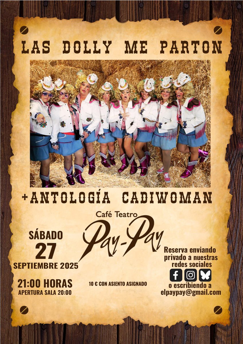 Las Dolly me Parton (+ Antología Cadiwoman) vuelven a la carga!!

Nos vemos el 27 de septiembre en @elpaypay 
Os esperamos!

🎫 Entradas por mensaje privado a las Redes sociales del @elpaypay 

🗓️27 septiembre
📍 Café teatro Pay Pay (Cádiz)
⏰21h

#cadiwoman #paypay #chirigota